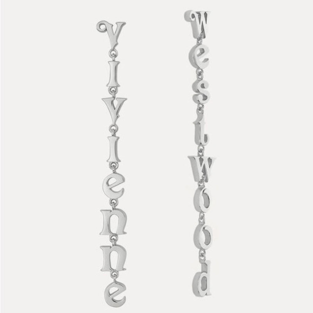 Vivienne Westwood Raimunda Asymmetrical Letter Drop Earrings – Silver Tone