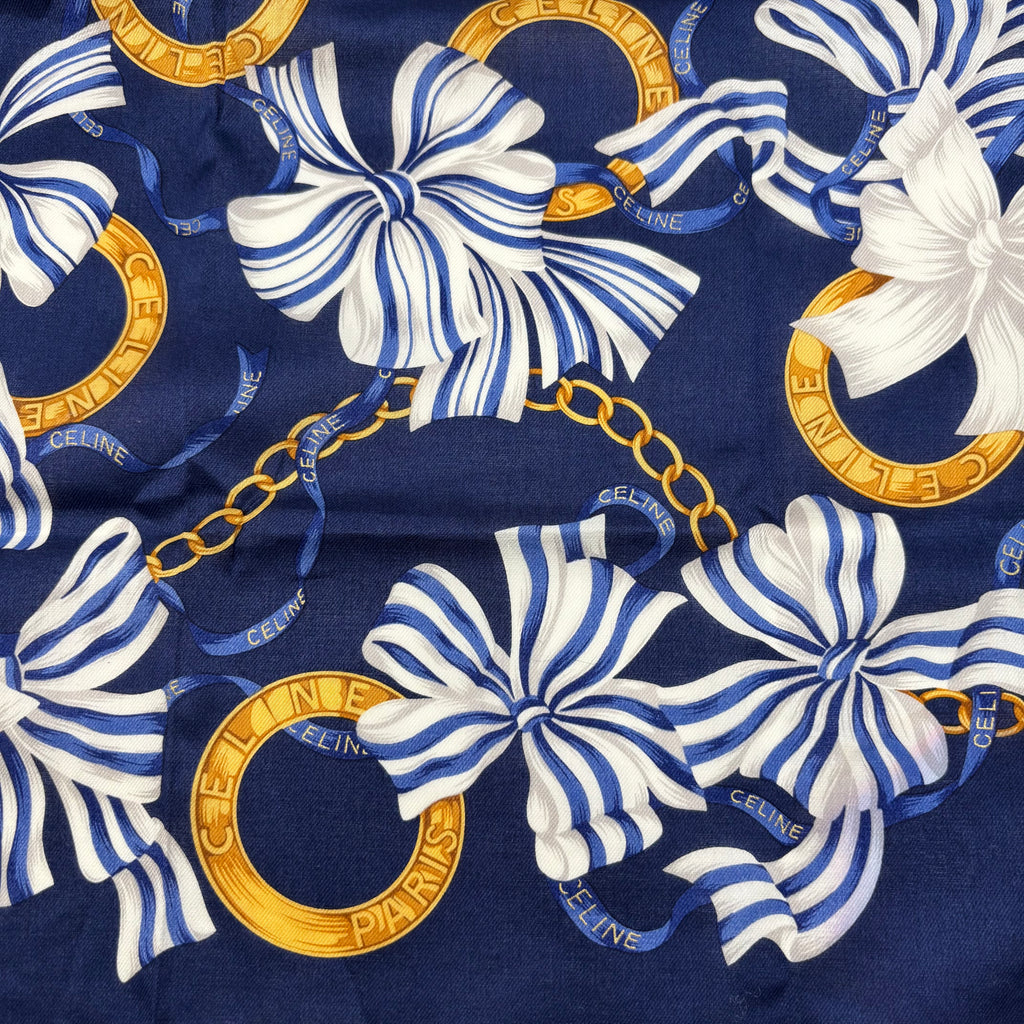 Celine Paris Scarf Navy Gold Chain Bow & Floral Print