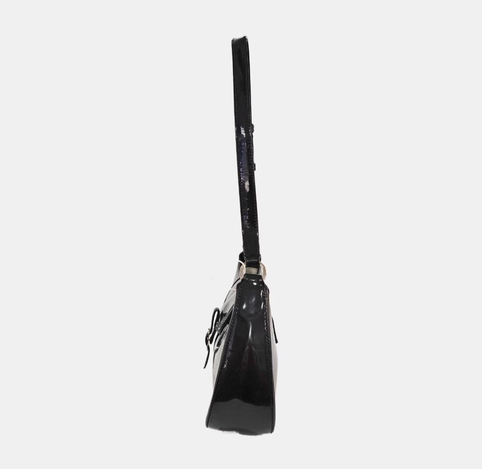 Salvatore Ferragamo Black Patent Leather Gancini Flap Shoulder Bag Vintage