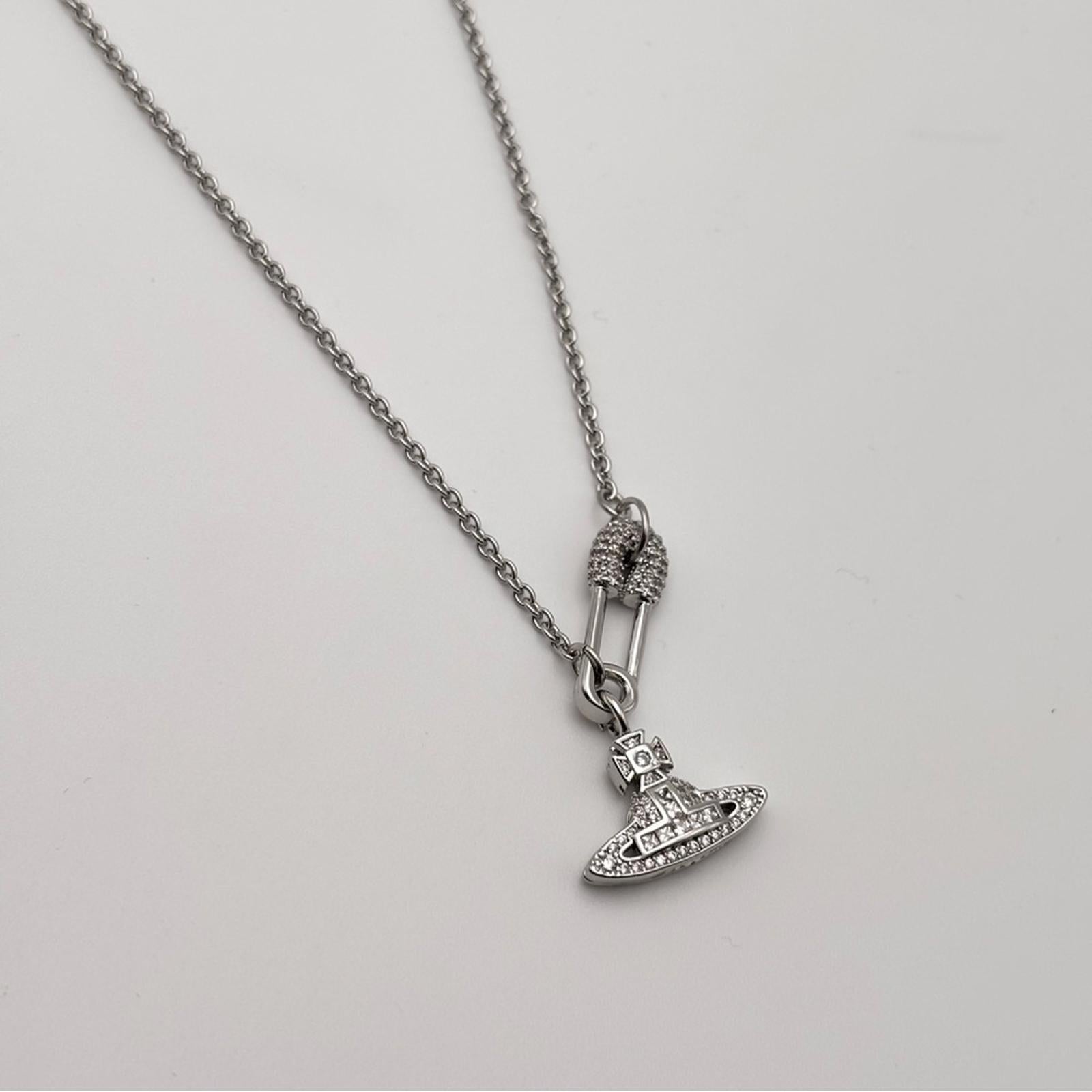 Vivienne Westwood Crystal Orb Safety Pin Necklace – Silver Tone