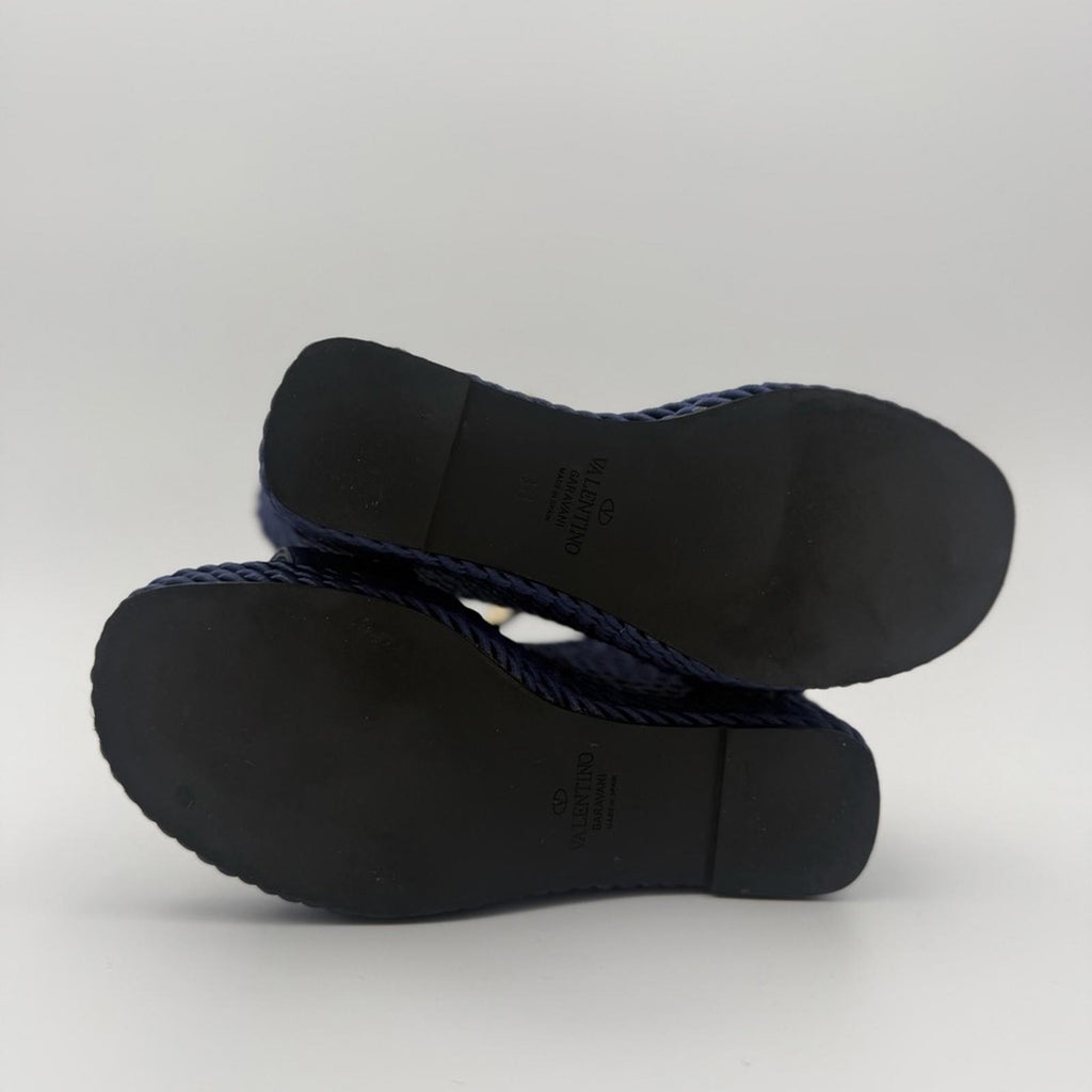 Valentino Garavani Rockstud Rope Wedge Sandals – Navy