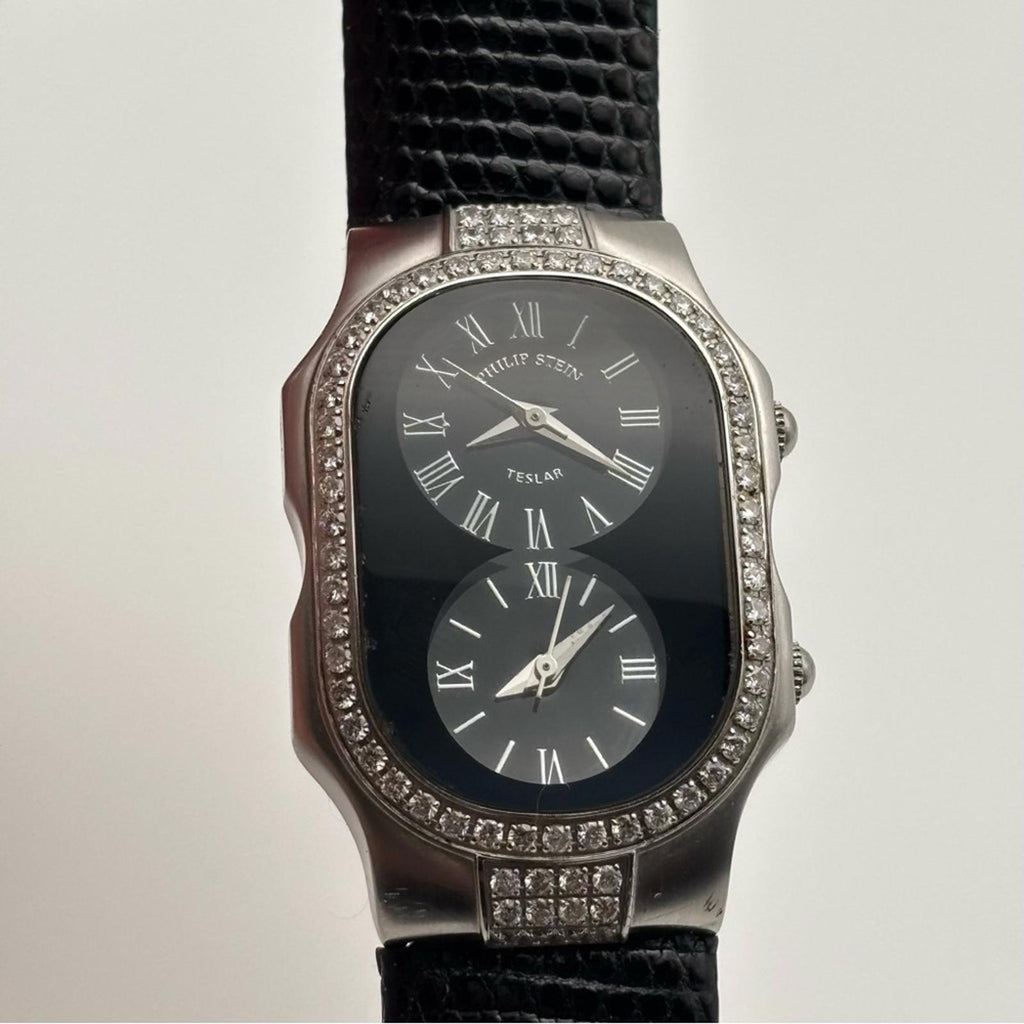 Philip Stein Teslar Dual Time Diamond Bezel Watch 45mm Lizard Strap