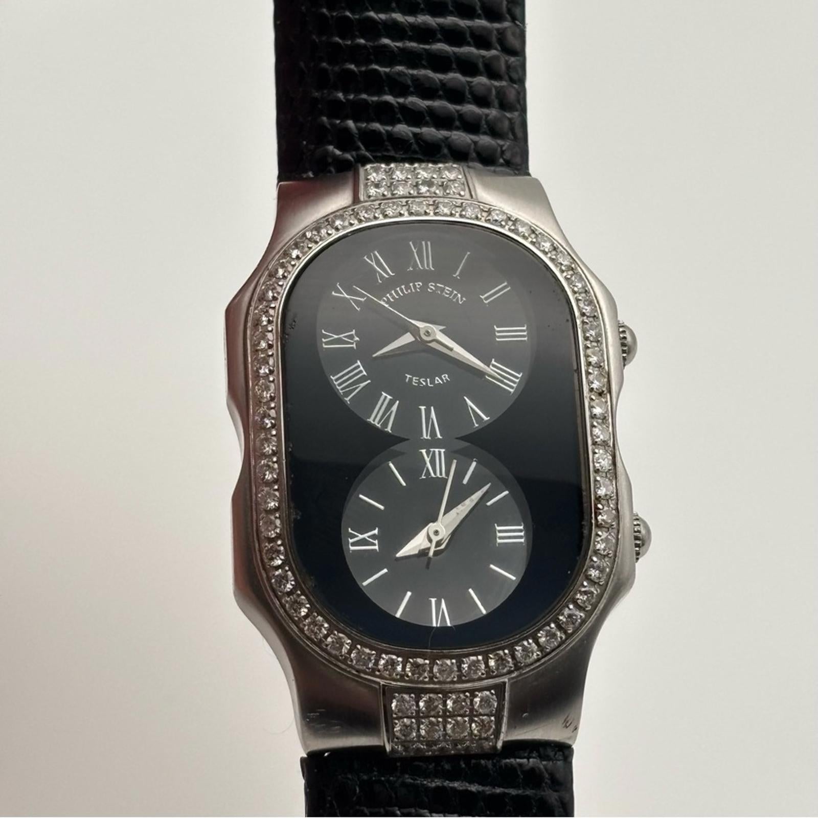 Philip Stein Teslar Dual Time Diamond Bezel Watch 45mm Lizard Strap