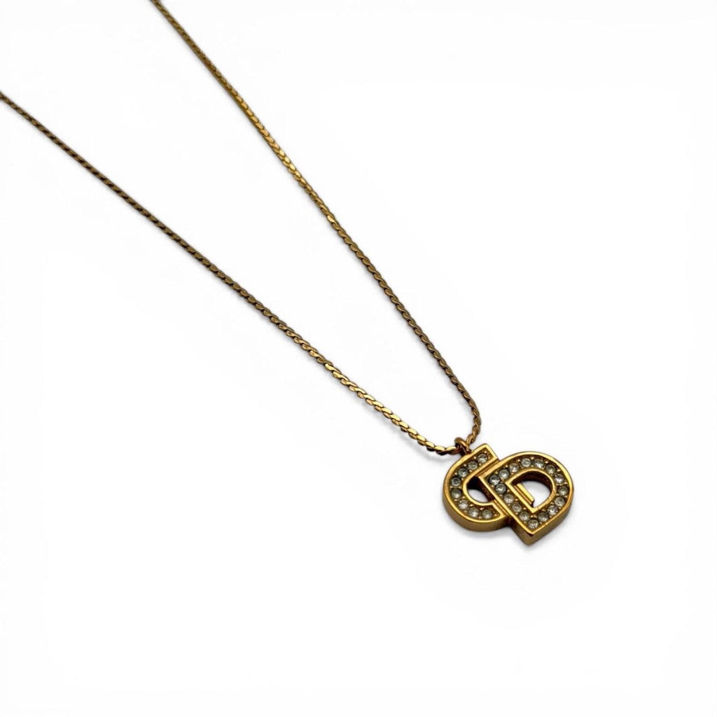 Christian Dior Gold Tone Crystal CD Logo Necklace