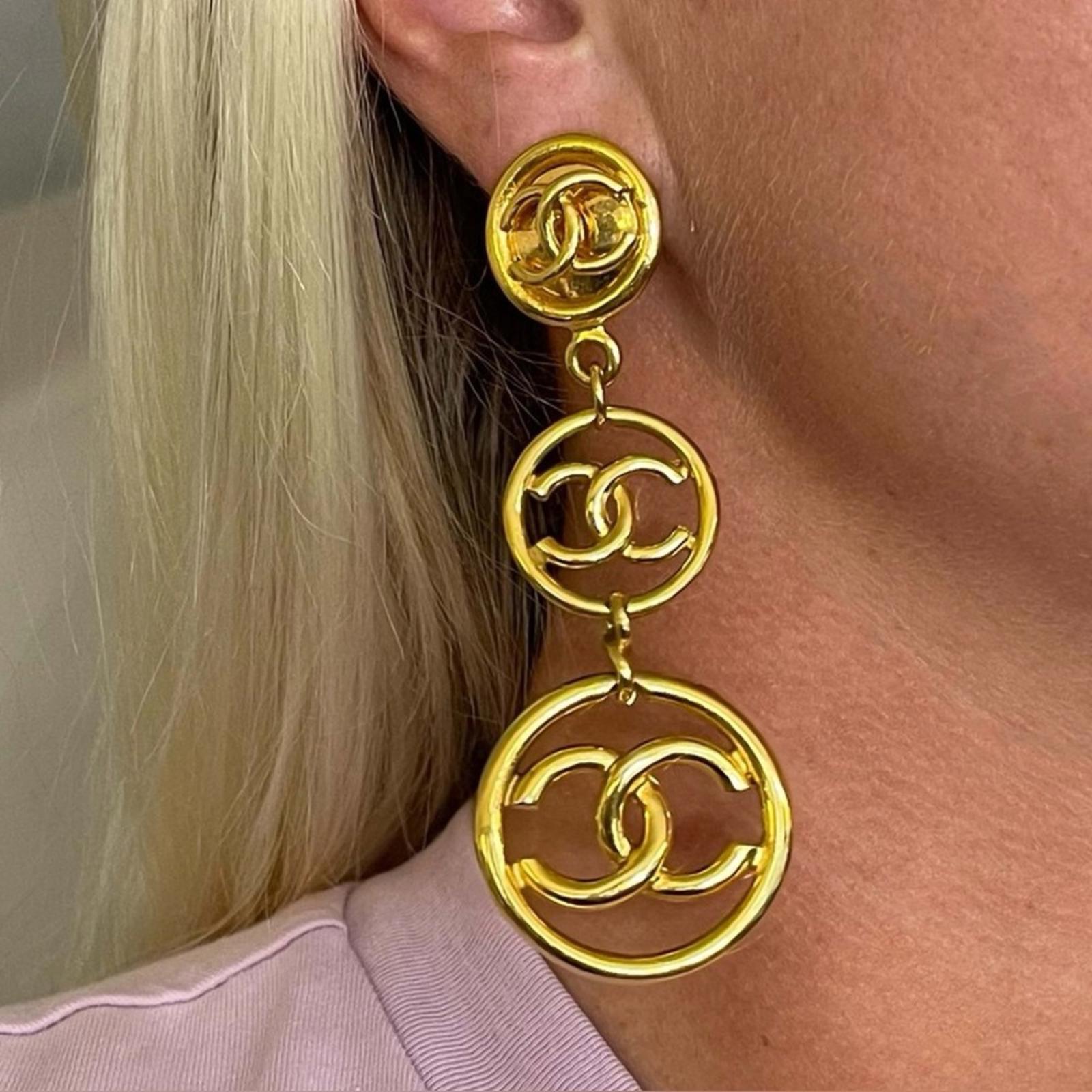 Chanel Three Tier CC Logo Charm Long Dangle Drop Earrings