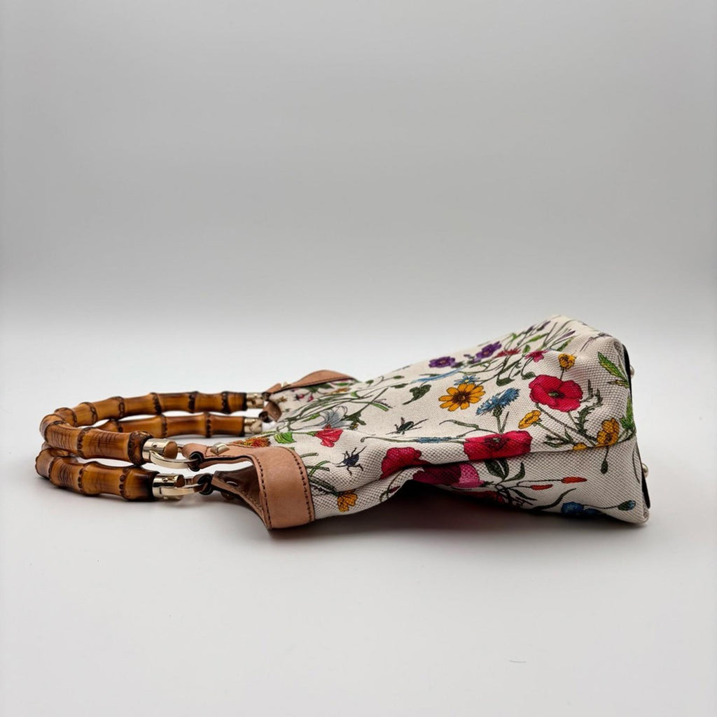 Gucci White Flora Floral Canvas Bamboo
Top Handle Mini Tote Bag