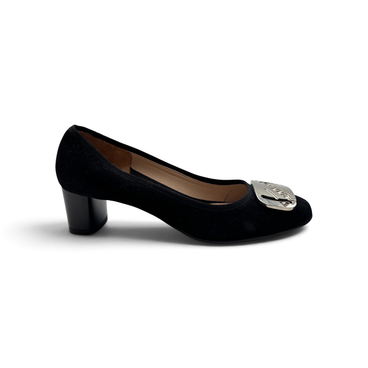 Salvatore Ferragamo My Ferragamo Black Suede Block Heel Pumps