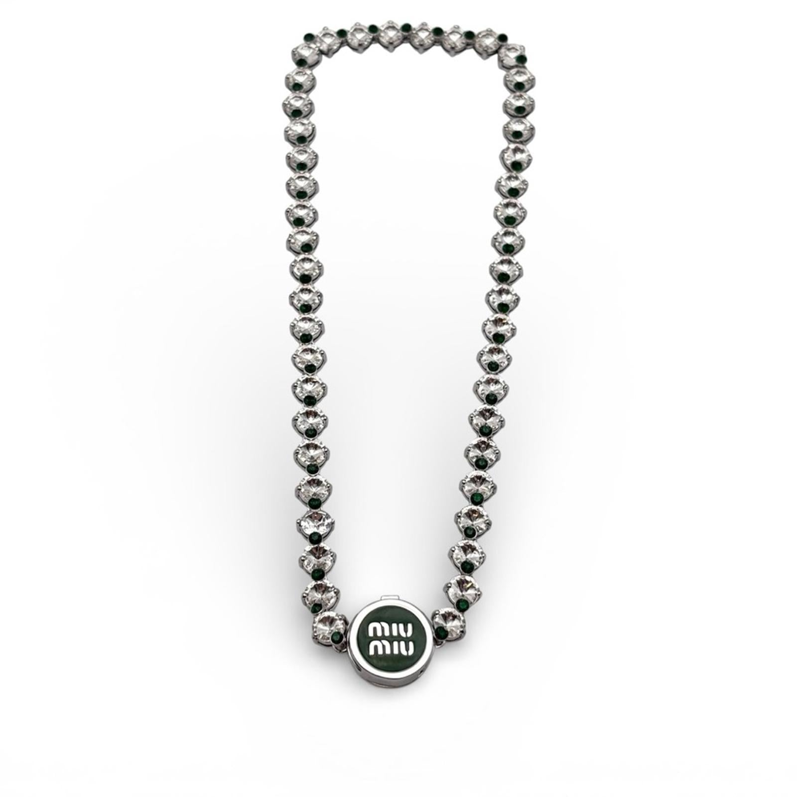 Miu Miu Crystal Tennis Necklace With Green Logo Pendant