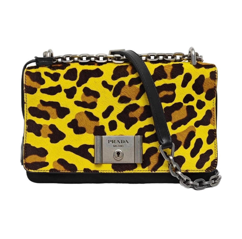Prada Cahier Leopard Calf Hair Chain Shoulder BagYellowBlack