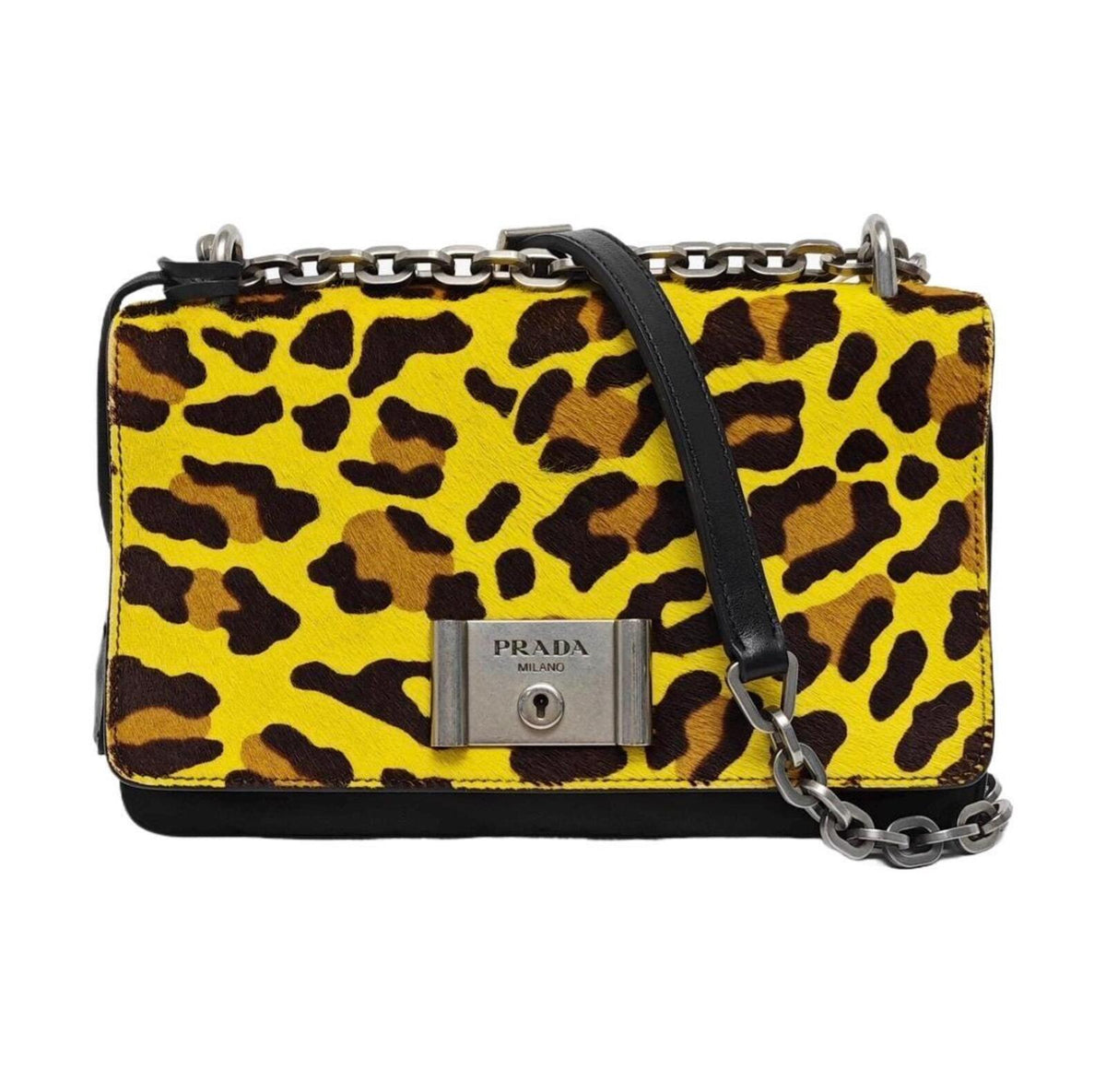 Prada Cahier Leopard Calf Hair Chain Shoulder BagYellowBlack