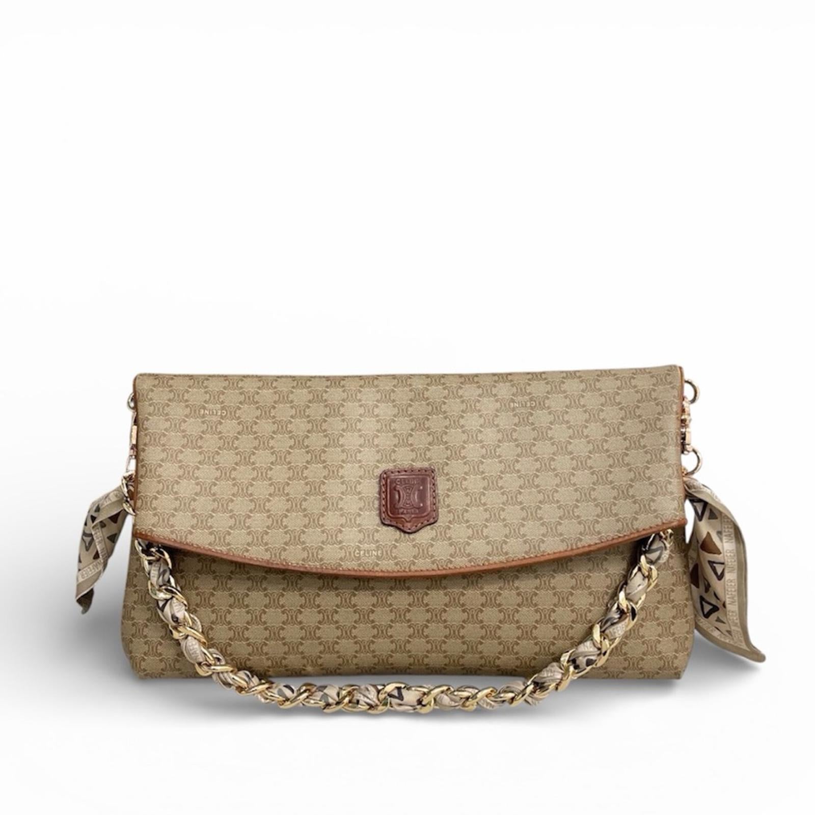 Céline Vintage Macadam Canvas Flap Shoulder Bag With Chain Strap
