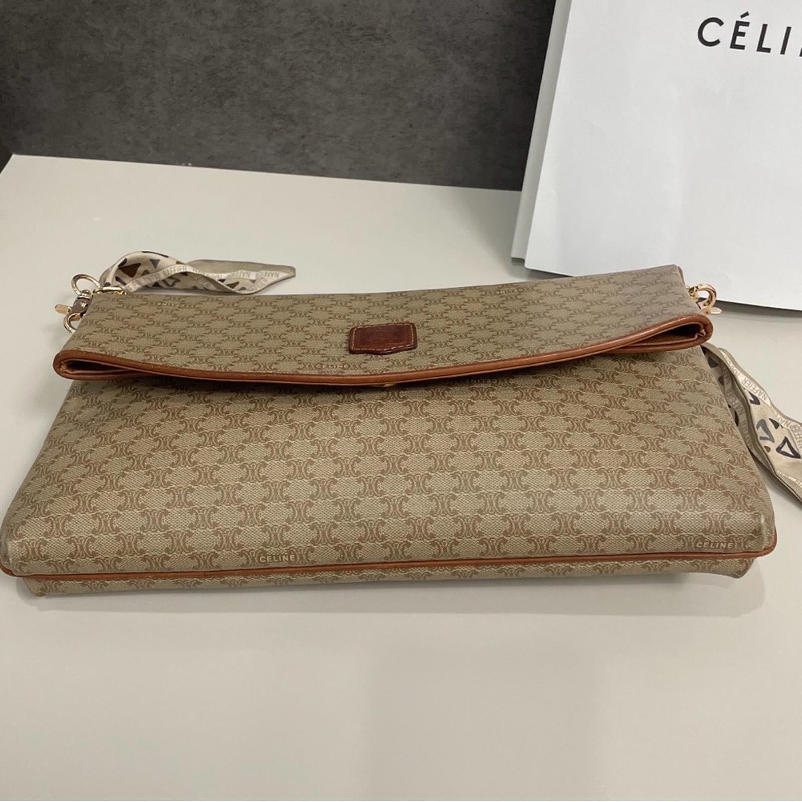 Céline Vintage Macadam Canvas Flap Shoulder Bag With Chain Strap