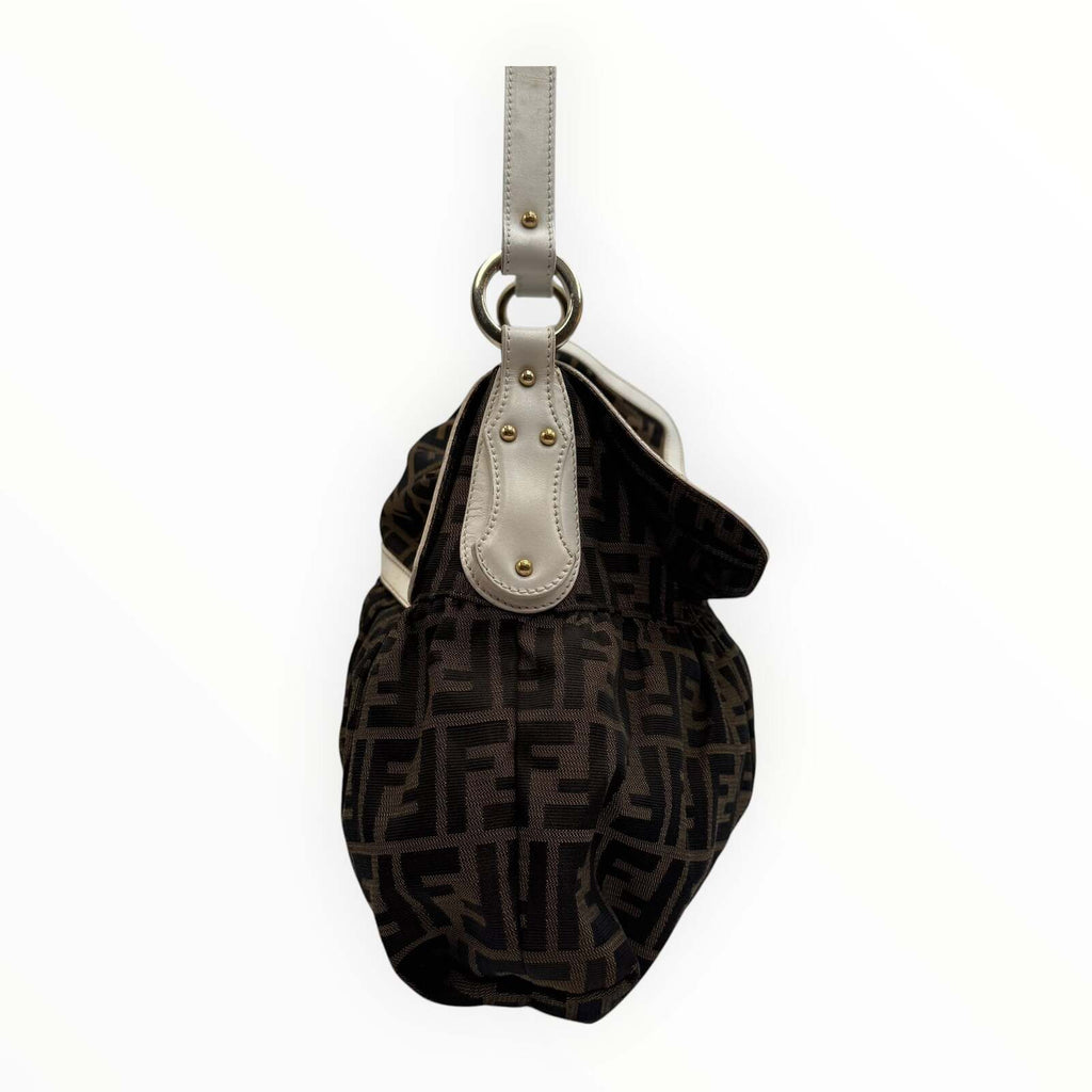 Fendi Zucca Monogram Canvas Shoulder Bag with Ivory Leather Trim