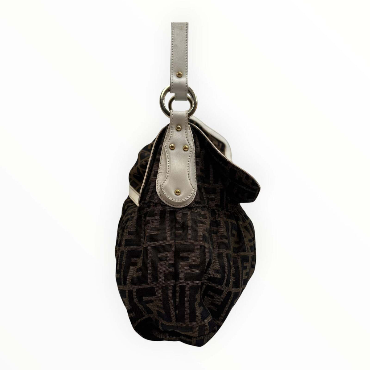 Fendi Zucca Monogram Canvas Shoulder Bag with Ivory Leather Trim