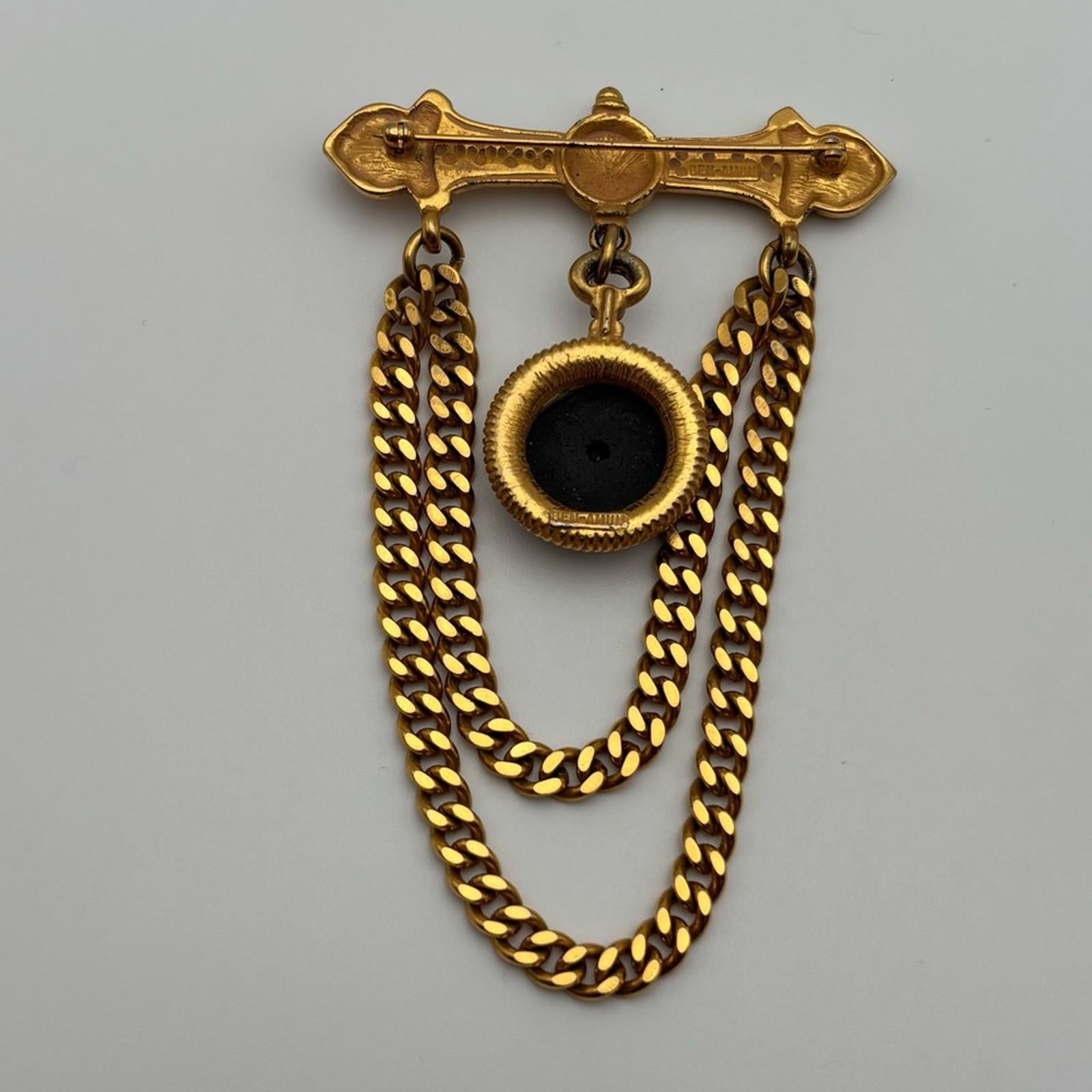 Ben-Amun Gold Tone Chain Brooch With Fleur-De-Lis Medallion