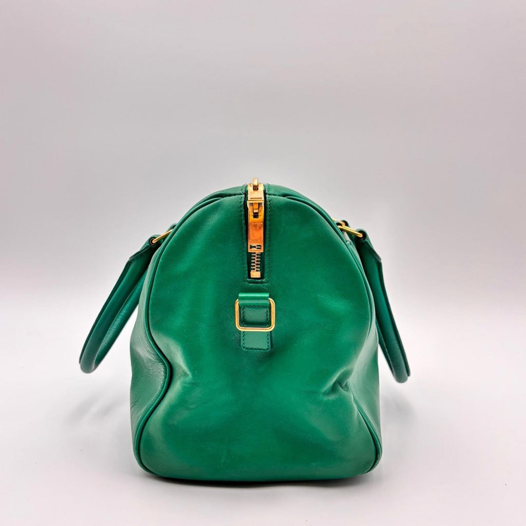 Saint Laurent Green Leather Duffle Top Handle Gold Hardware