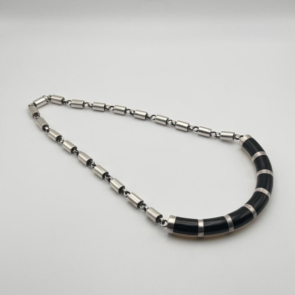 Vintage Heavy Sterling Silver Necklace With Onyx & Nacré (Mother Of Pearl)