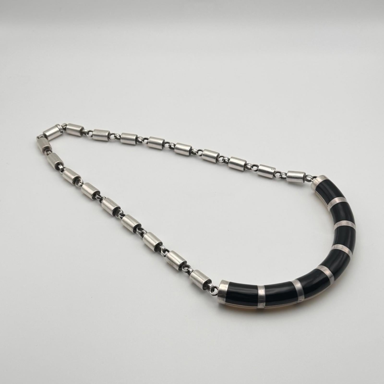 Vintage Heavy Sterling Silver Necklace With Onyx & Nacré (Mother Of Pearl)
