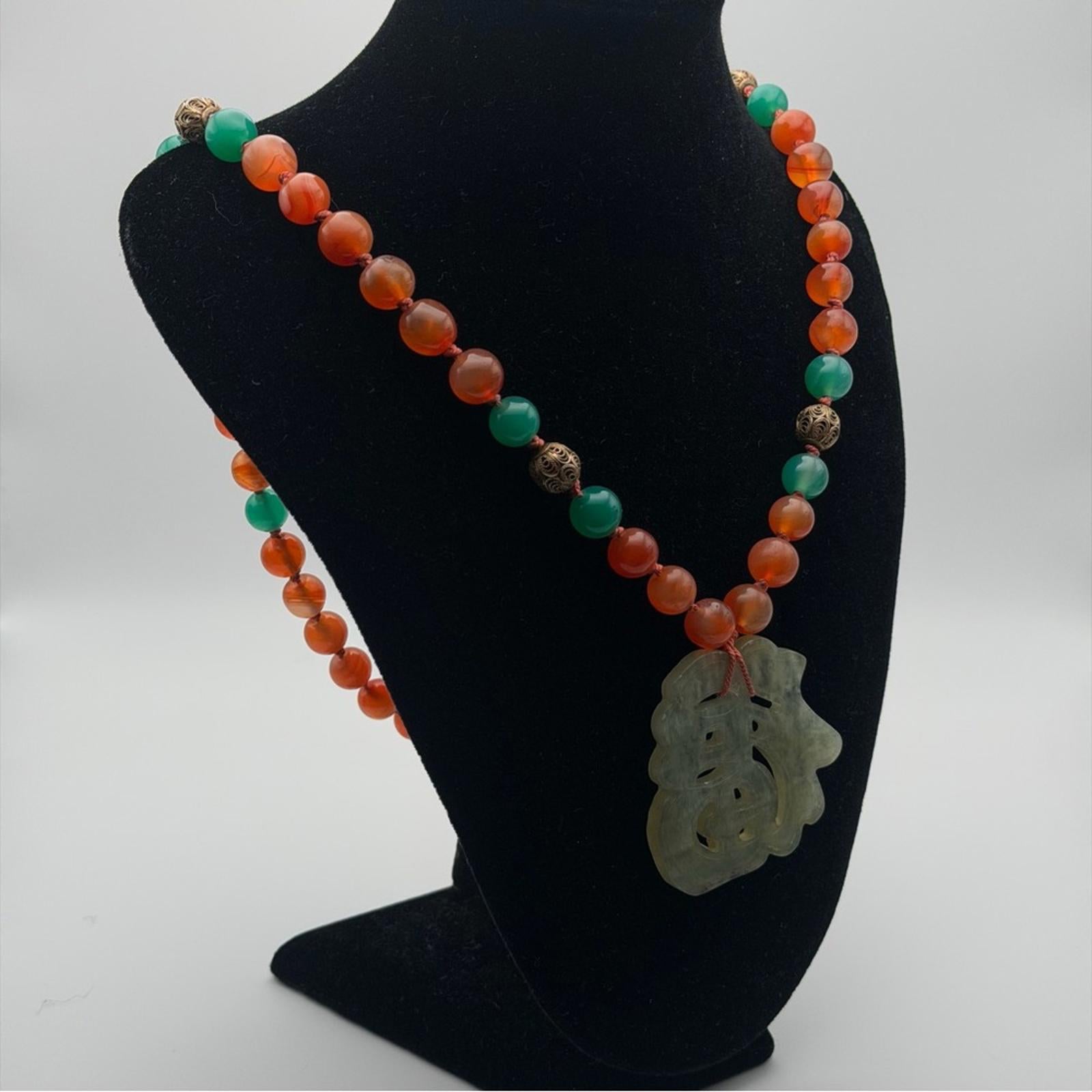 Vintage Chinese Good Fortune Jade Talisman Necklace