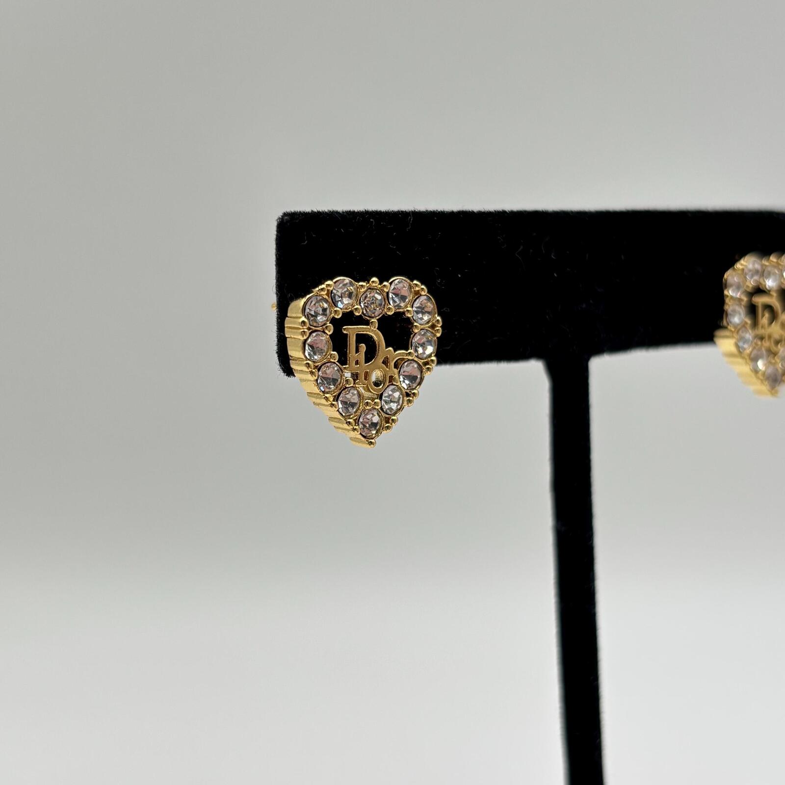 Dior Crystal Heart Logo Earrings Gold Tone CD Vintage Studs