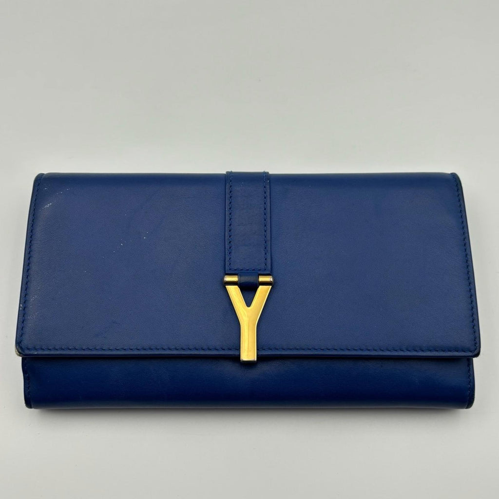 Saint Laurent Y-Chic Authentic Royal Blue Leather Zip Wallet On Chain
