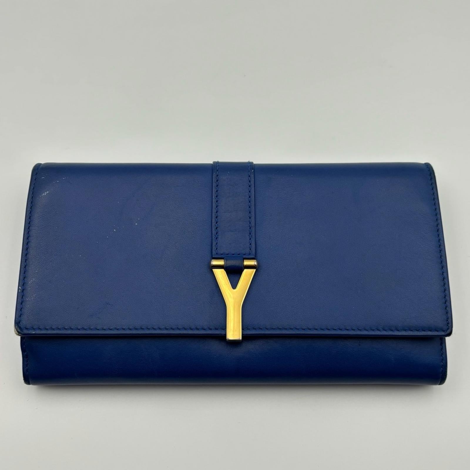 Saint Laurent Y-Chic Authentic Royal Blue Leather Zip Wallet On Chain