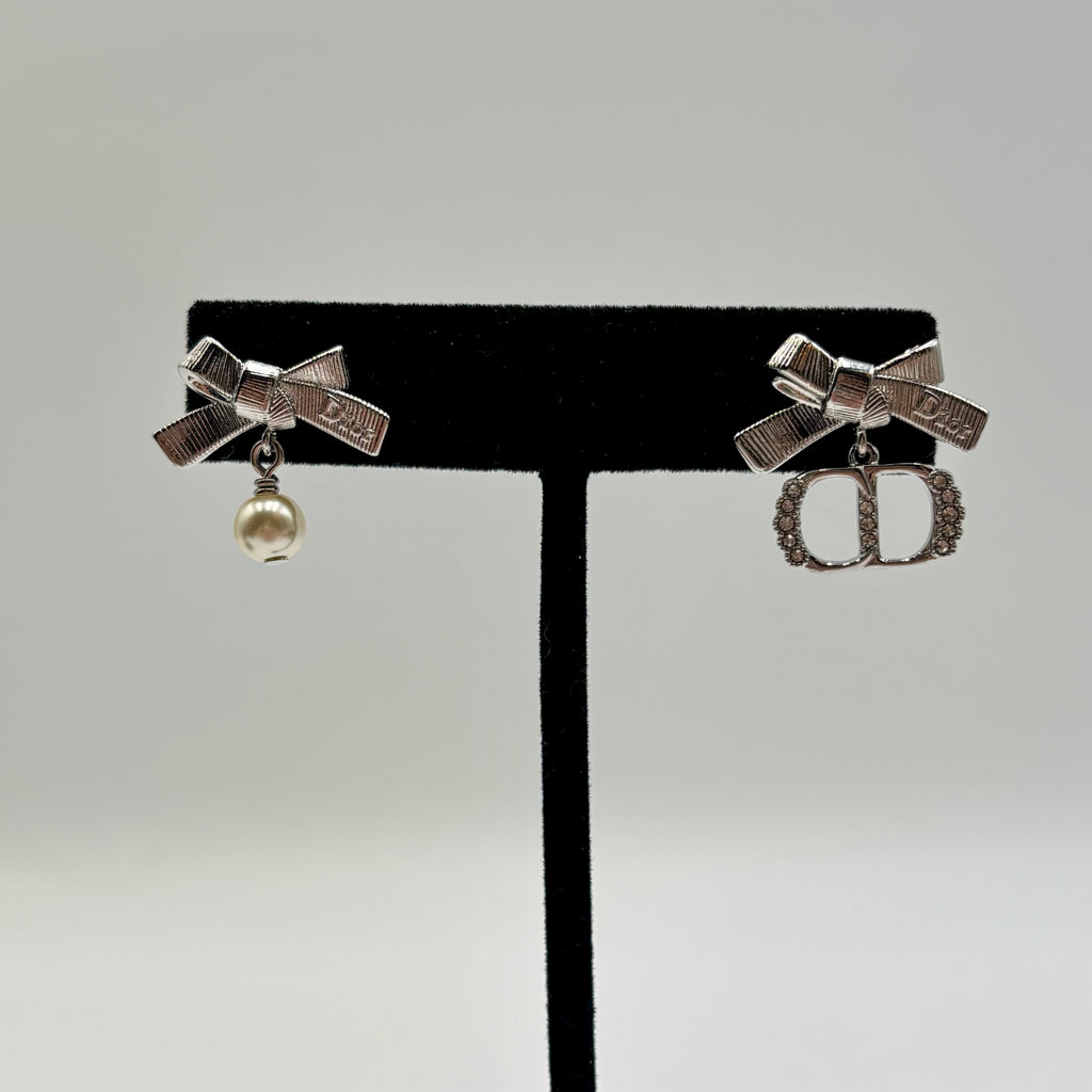 Dior CD Parure Asymmetric Bow Earrings in Silver