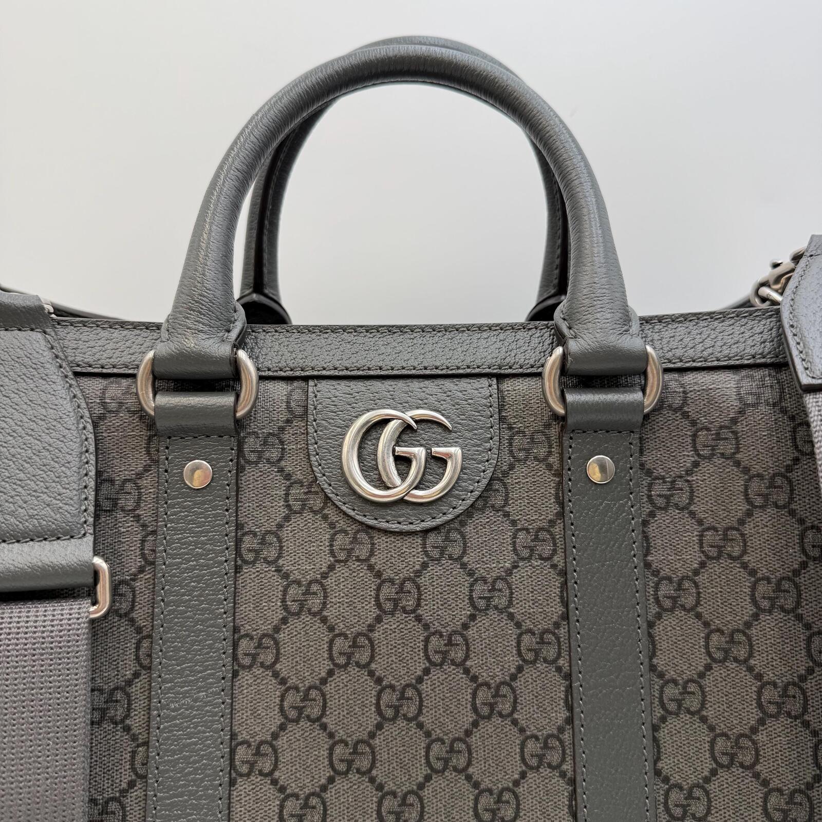 Gucci GG Supreme Monogram Tote Bag With Web Strap Gray Black