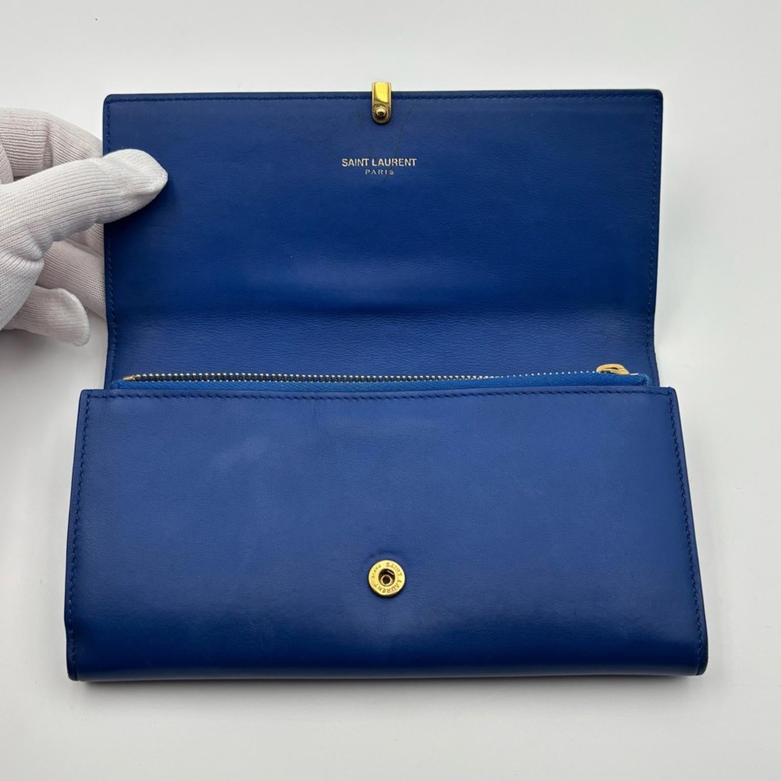 Saint Laurent Y-Chic Authentic Royal Blue Leather Zip Wallet On Chain