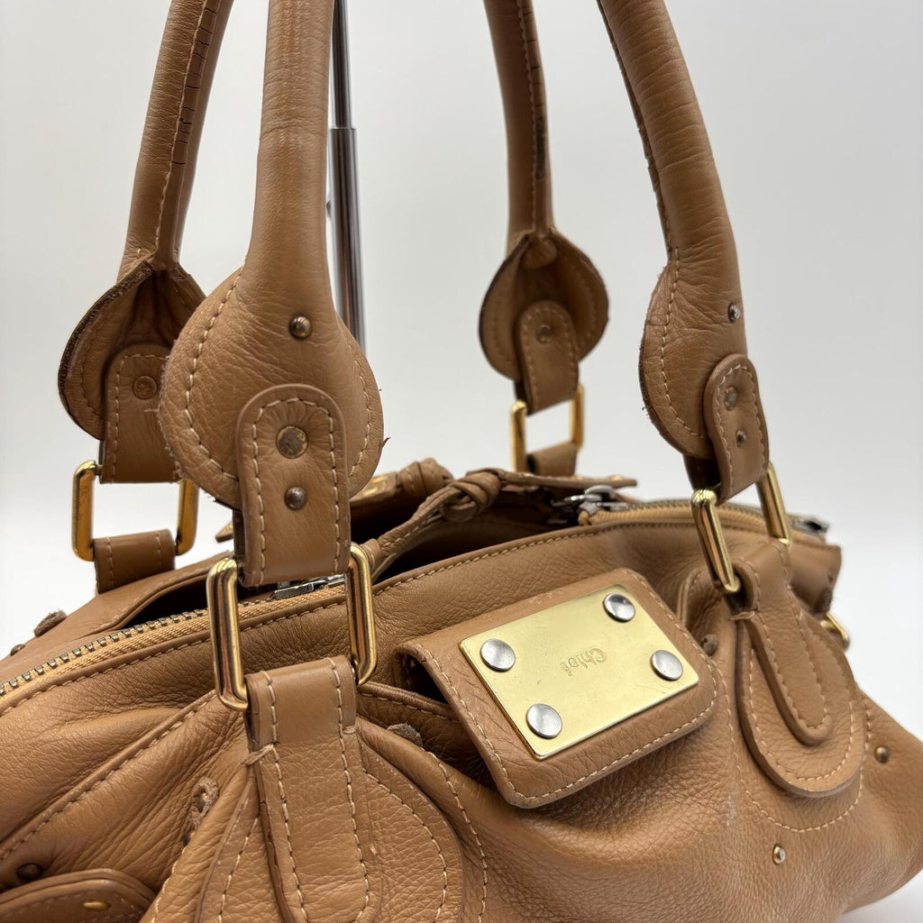 Chloé Paddington Medium Satchel Bag Tan Brown Pebbled Leather Gold Hardware