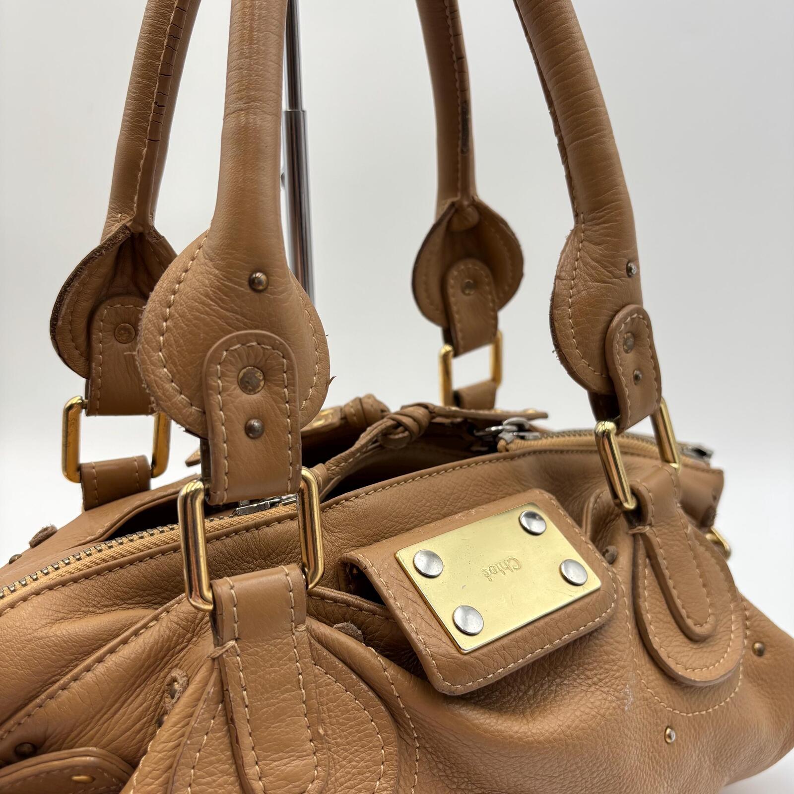 Chloé Paddington Medium Satchel Bag Tan Brown Pebbled Leather Gold Hardware