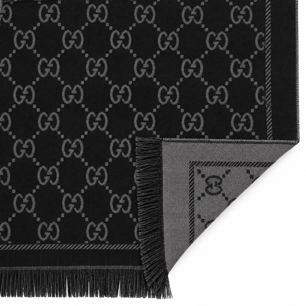 Gucci GG Jacquard Fringe Scarf – Black / Grey