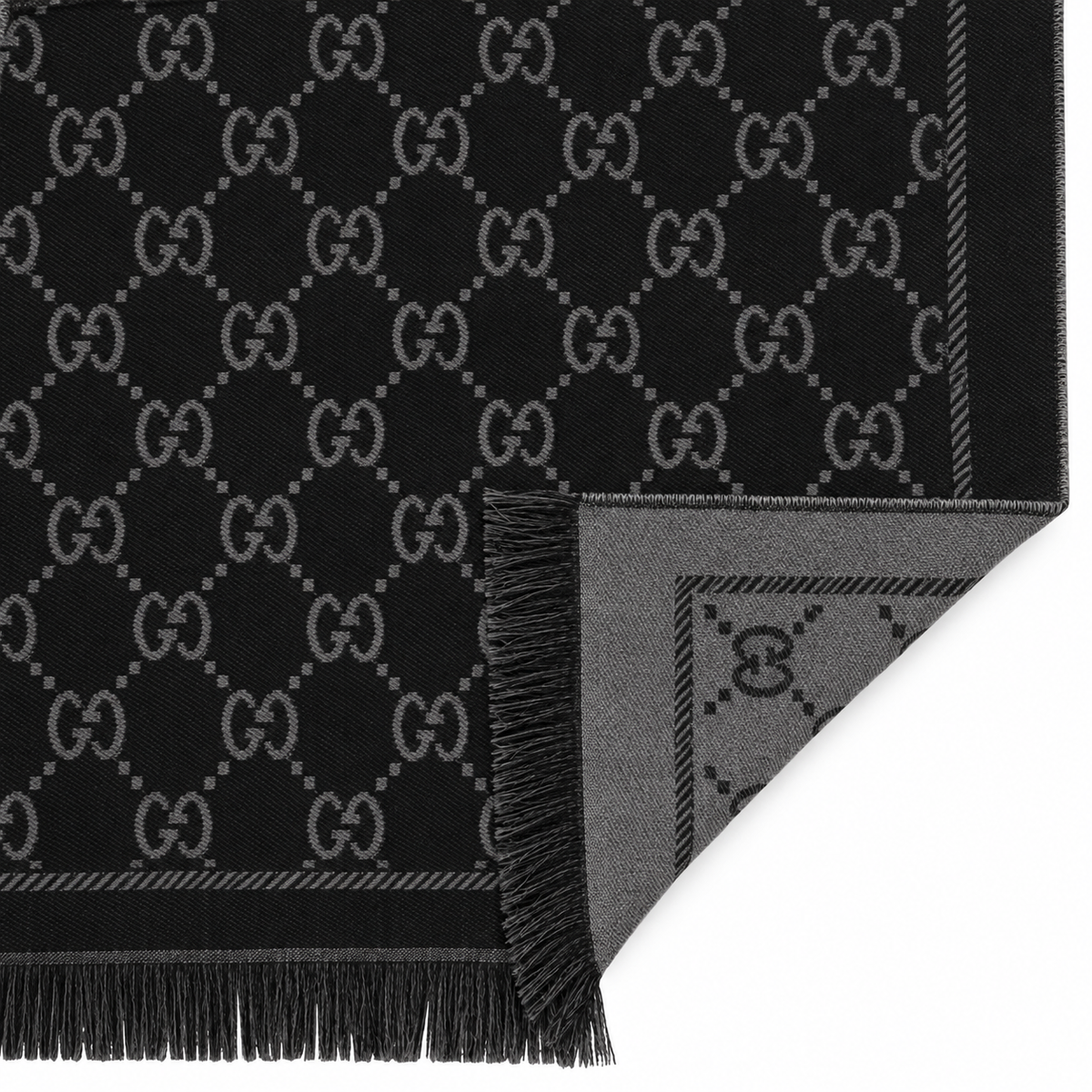 Gucci GG Jacquard Fringe Scarf – Black / Grey