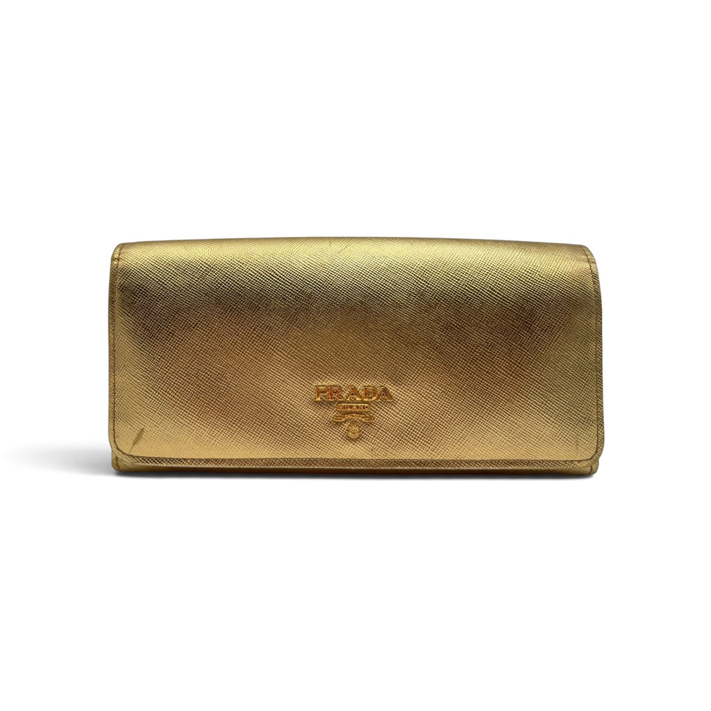 Prada Metallic Gold Saffiano Leather Continental Wallet