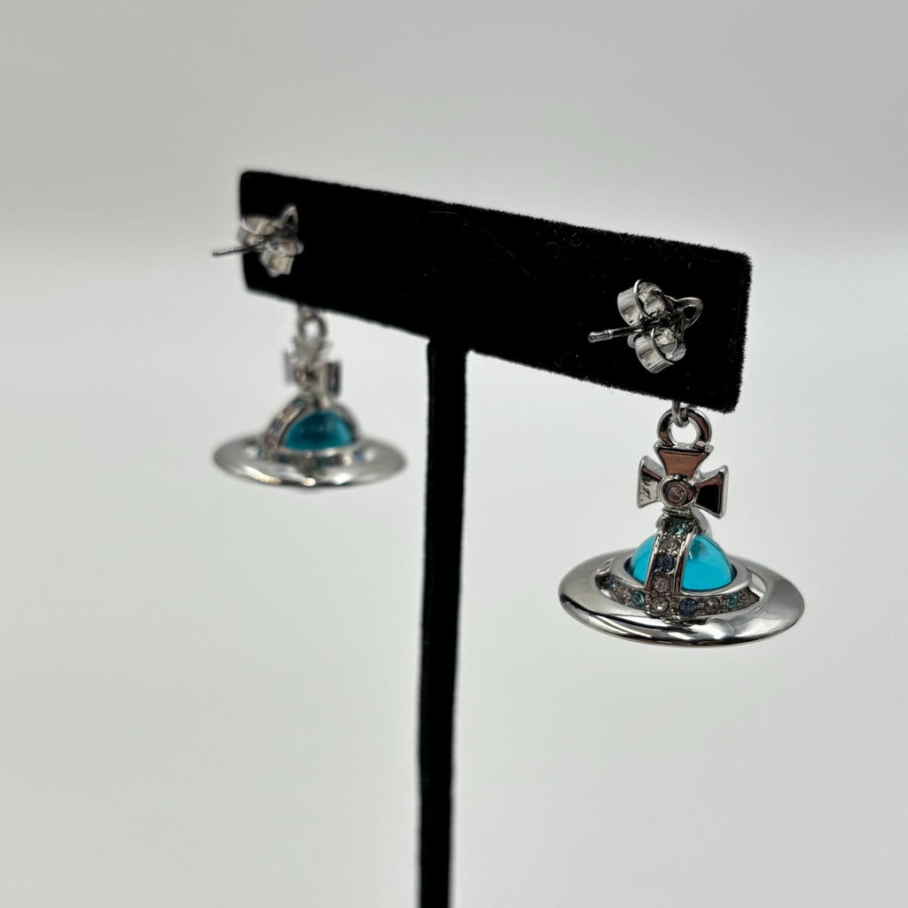 Vivienne Westwood Tiny Orb Drop Earrings Silver Tone Blue Crystal