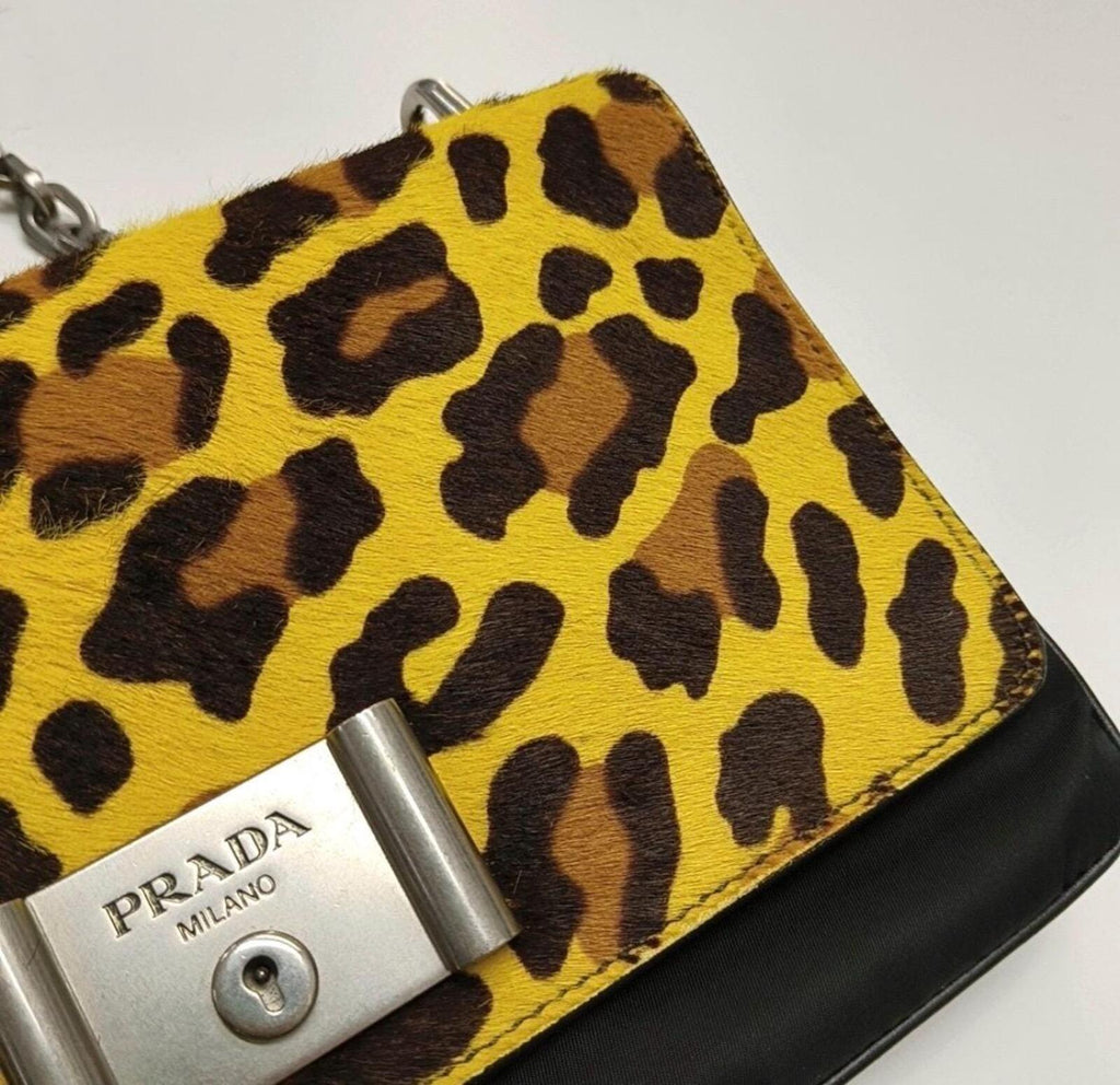 Prada Cahier Leopard Calf Hair Chain Shoulder BagYellowBlack
