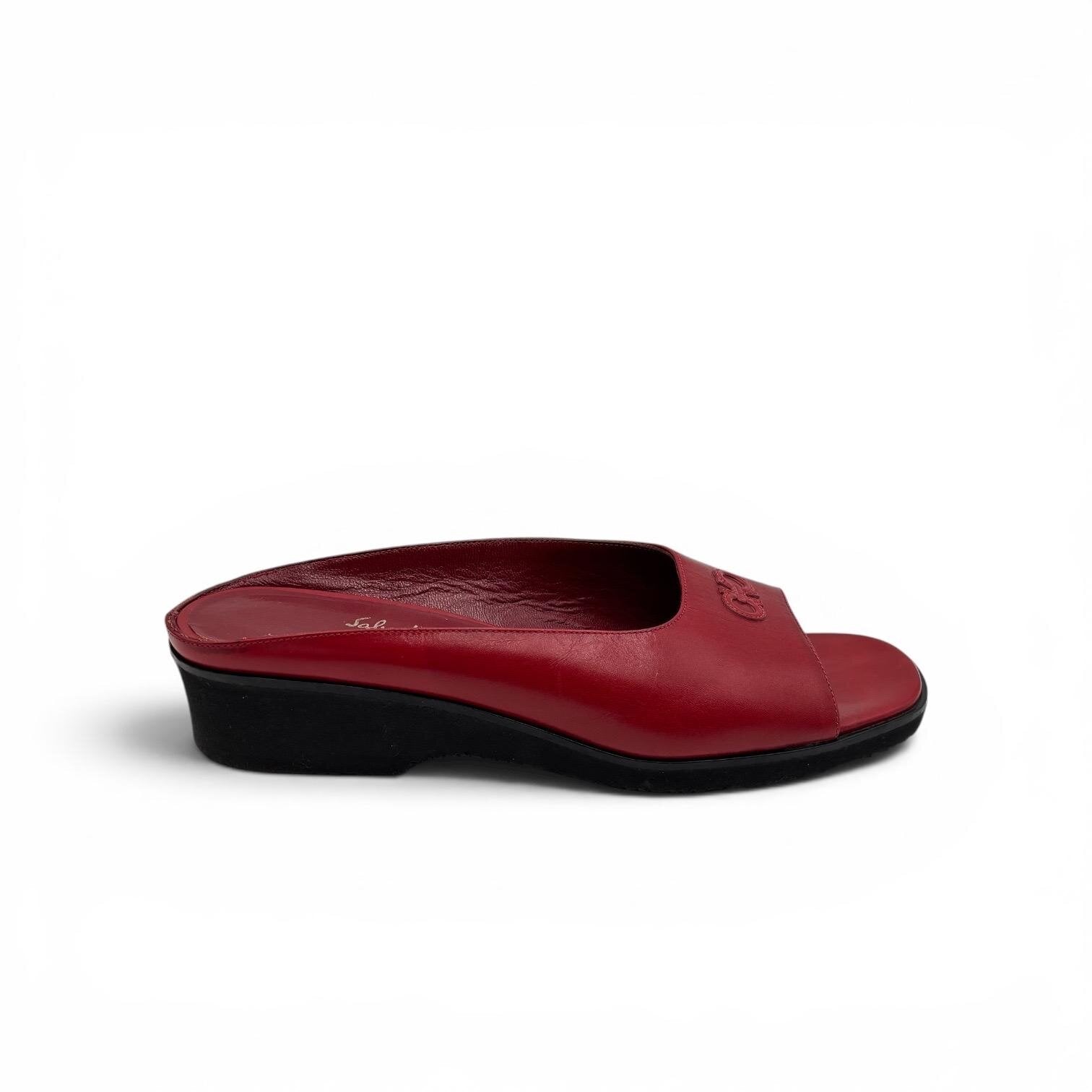 Salvatore Ferragamo Red Leather Wedge Slide Sandals – Size 37