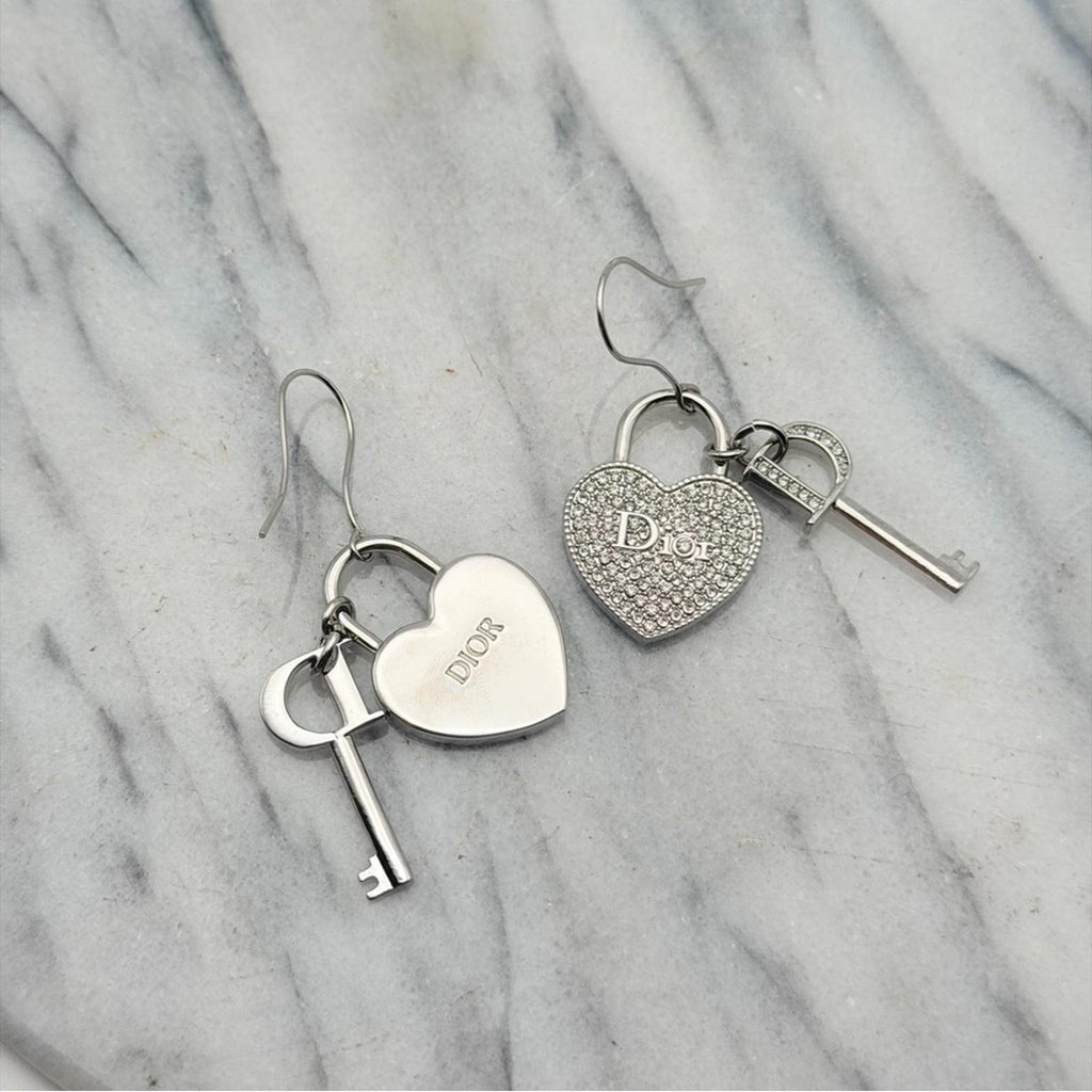CHRISTIAN DIOR PAVÉ HEART & KEY DROP EARRINGS – SILVER TONE