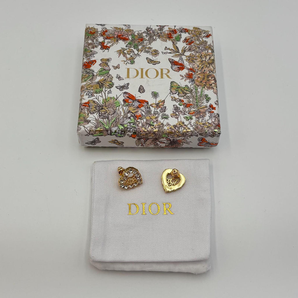 Dior Crystal Heart Logo Earrings Gold Tone CD Vintage Studs