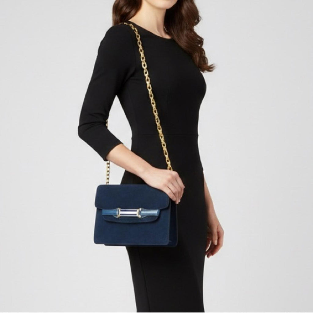 Gucci Blue Sapphire Suede Flap Shoulder Bag With Gold Chain