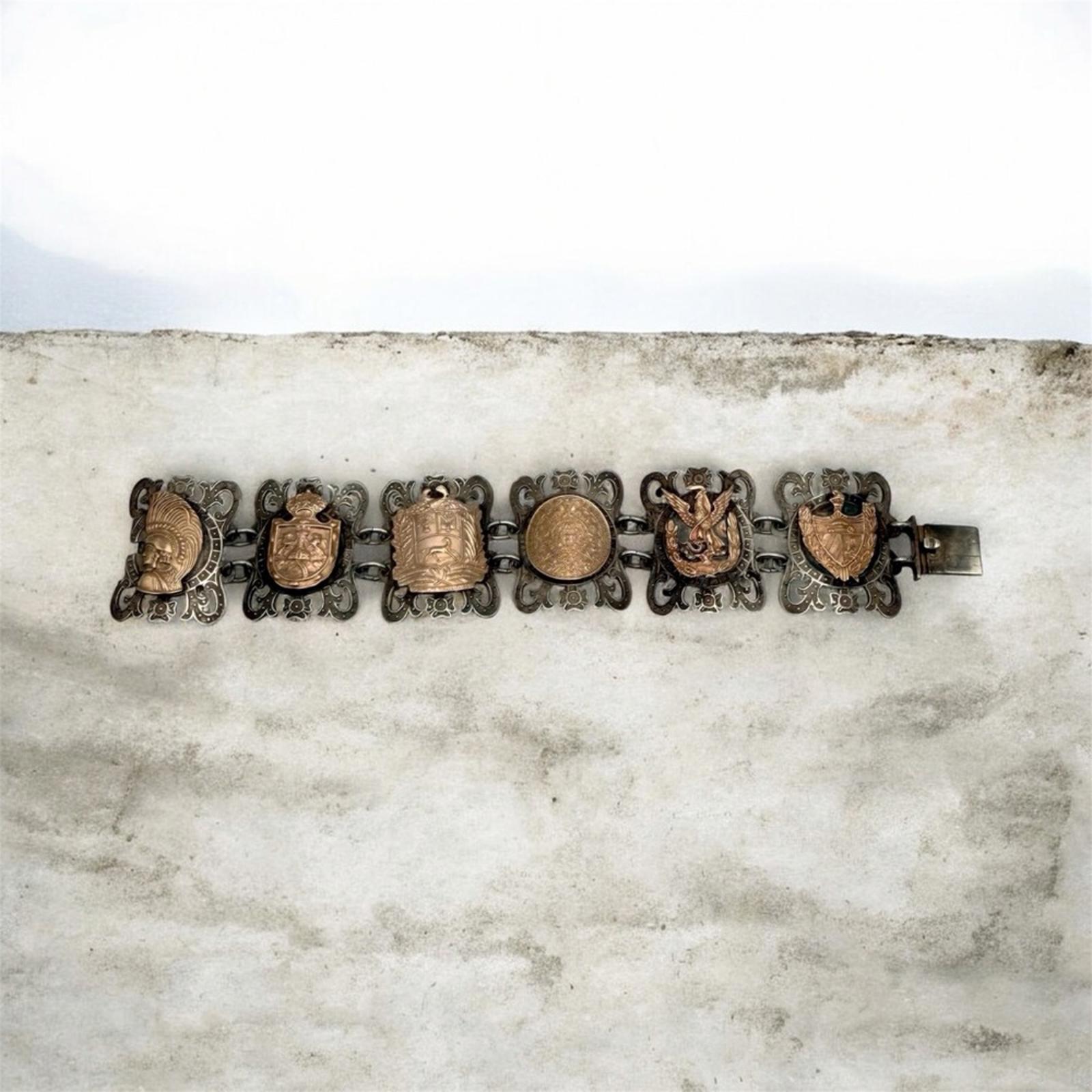 Vintage Mexican Taxco Sterling Silver & Copper Panel Bracelet