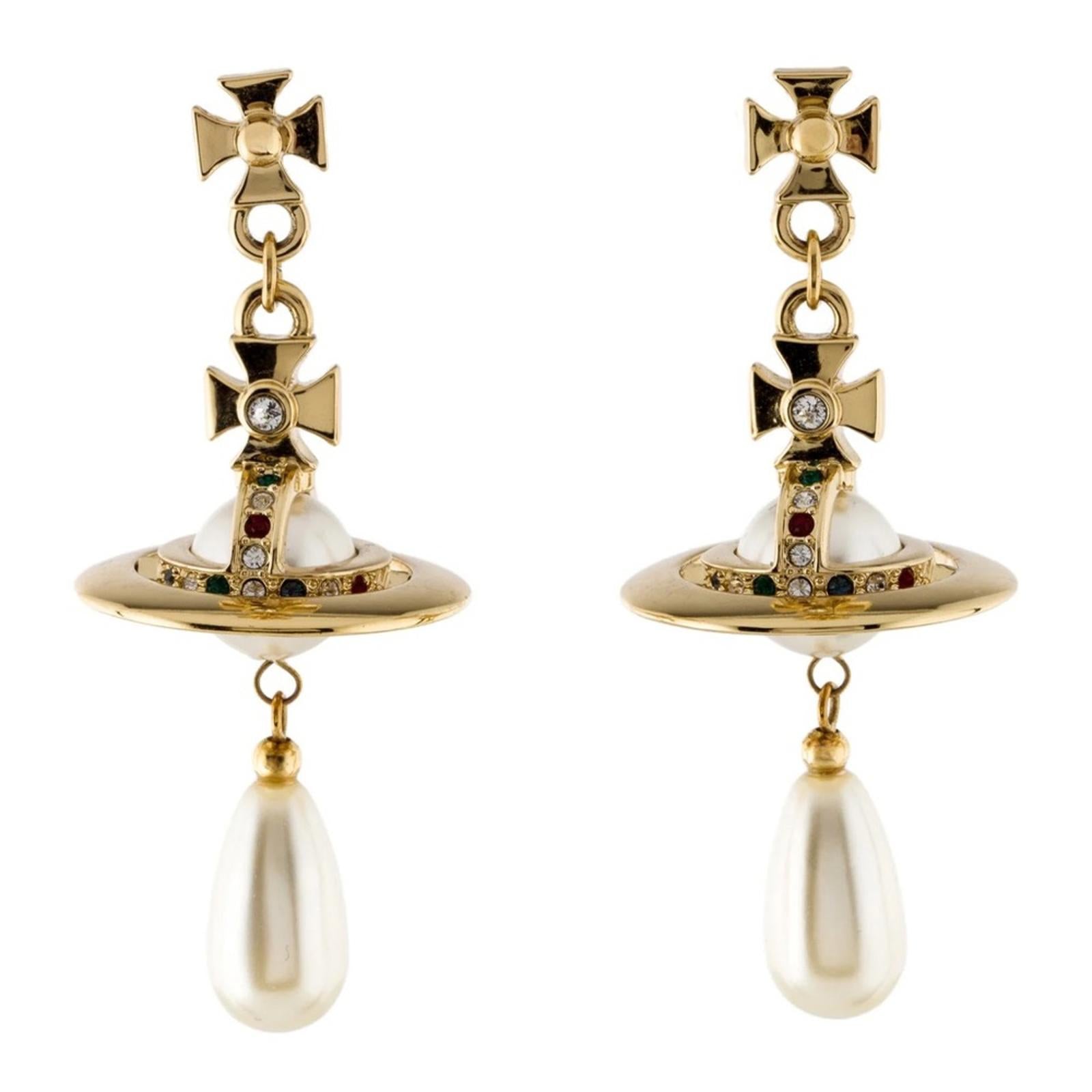 VIVIENNE WESTWOOD PEARL & CRYSTAL ORB DROP EARRINGS — GOLD-TONE