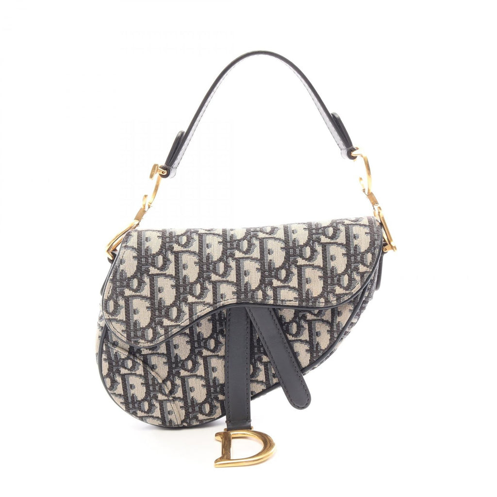 DIOR Dior Mini Saddle Oblique Jacquard Handbag Leather Beige Navy Used Women Ghw image 1