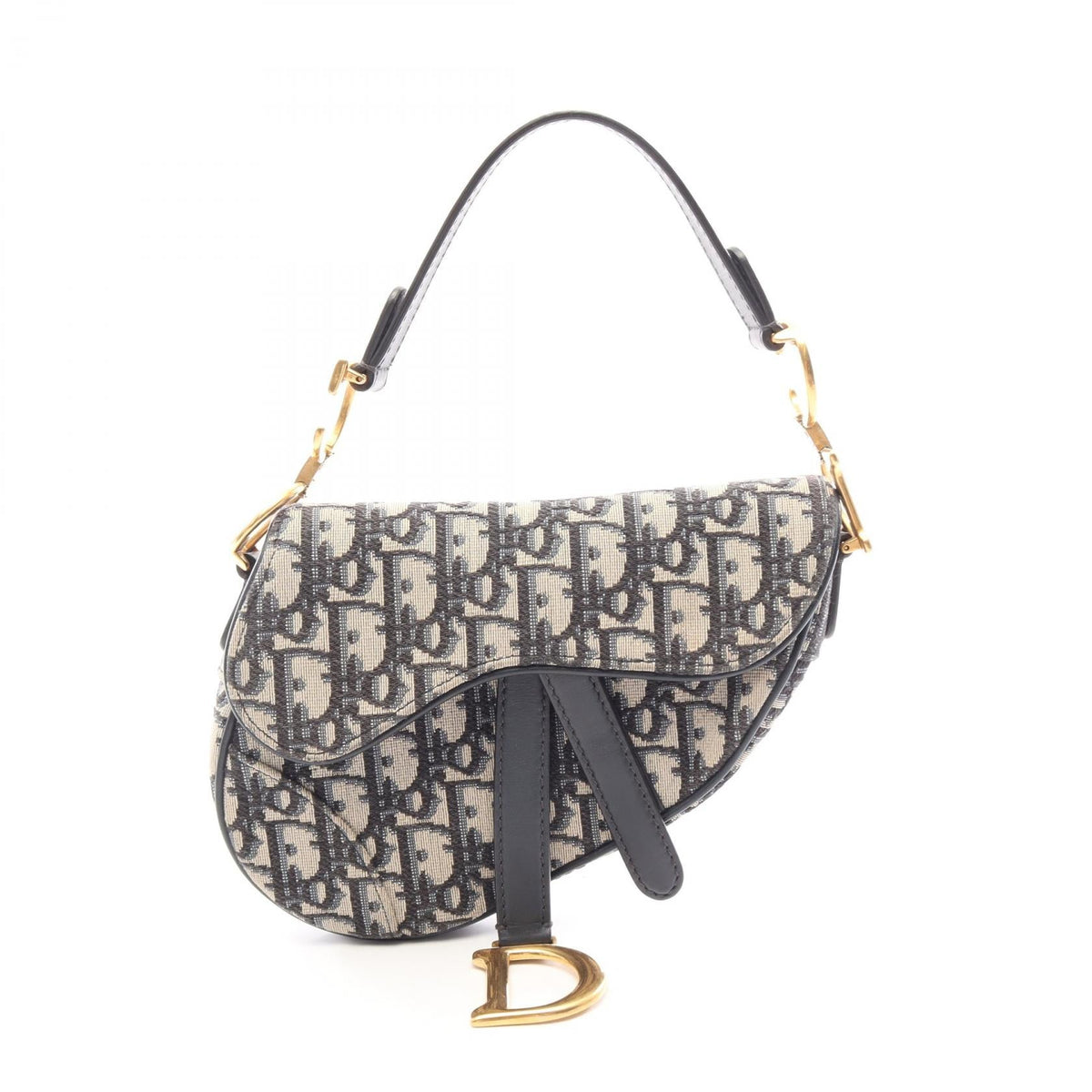 DIOR Dior Mini Saddle Oblique Jacquard Handbag Leather Beige Navy Used Women Ghw image 1