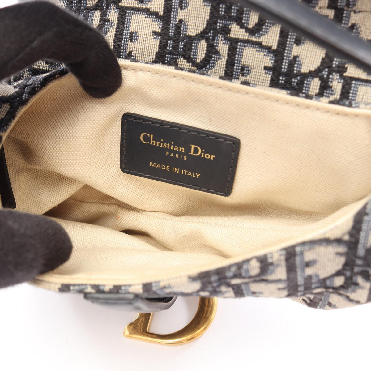 DIOR Dior Mini Saddle Oblique Jacquard Handbag Leather Beige Navy Used Women Ghw image 3