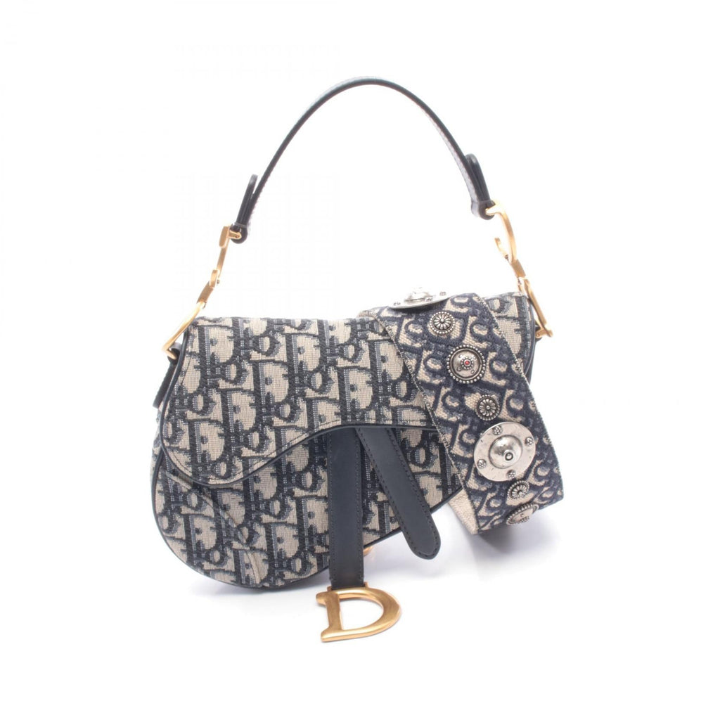 DIOR Dior Mini Saddlebag In Oblique Jacquard Handbag Beige/Navy Canvas×leather image 1