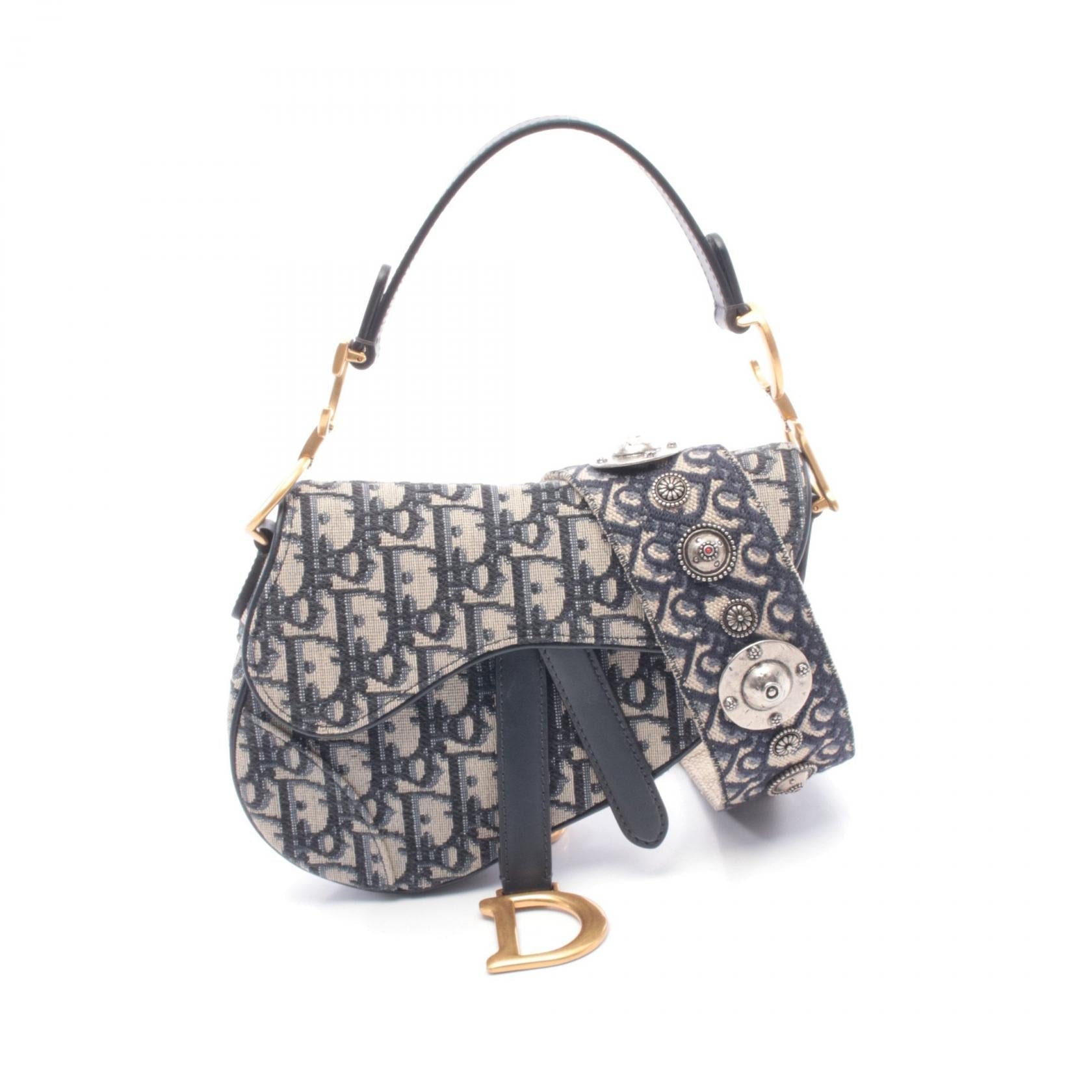 DIOR Dior Mini Saddlebag In Oblique Jacquard Handbag Beige/Navy Canvas×leather image 1