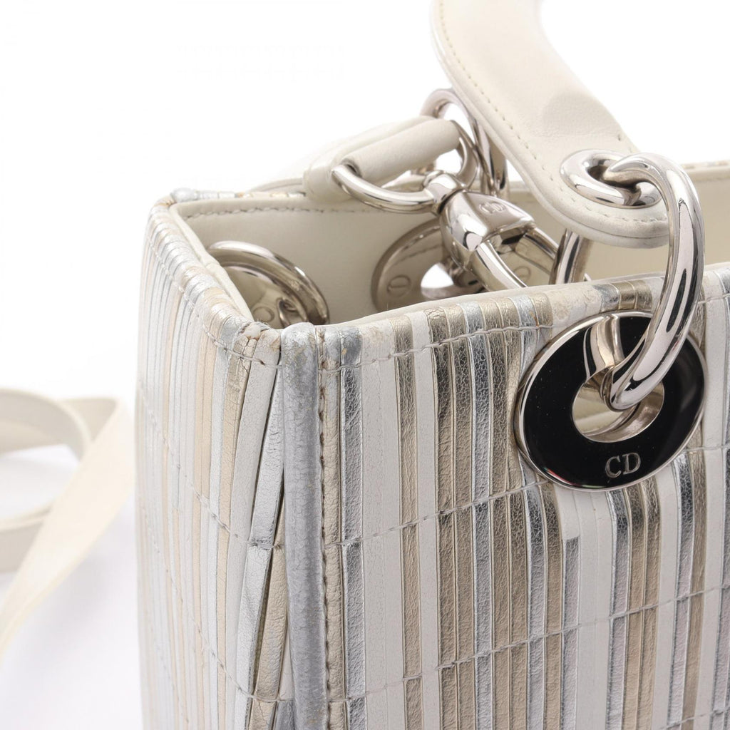DIOR Dior Lady Dior Shoulder Handbag Leather Silver White Multicolor Used Women Shw image 11