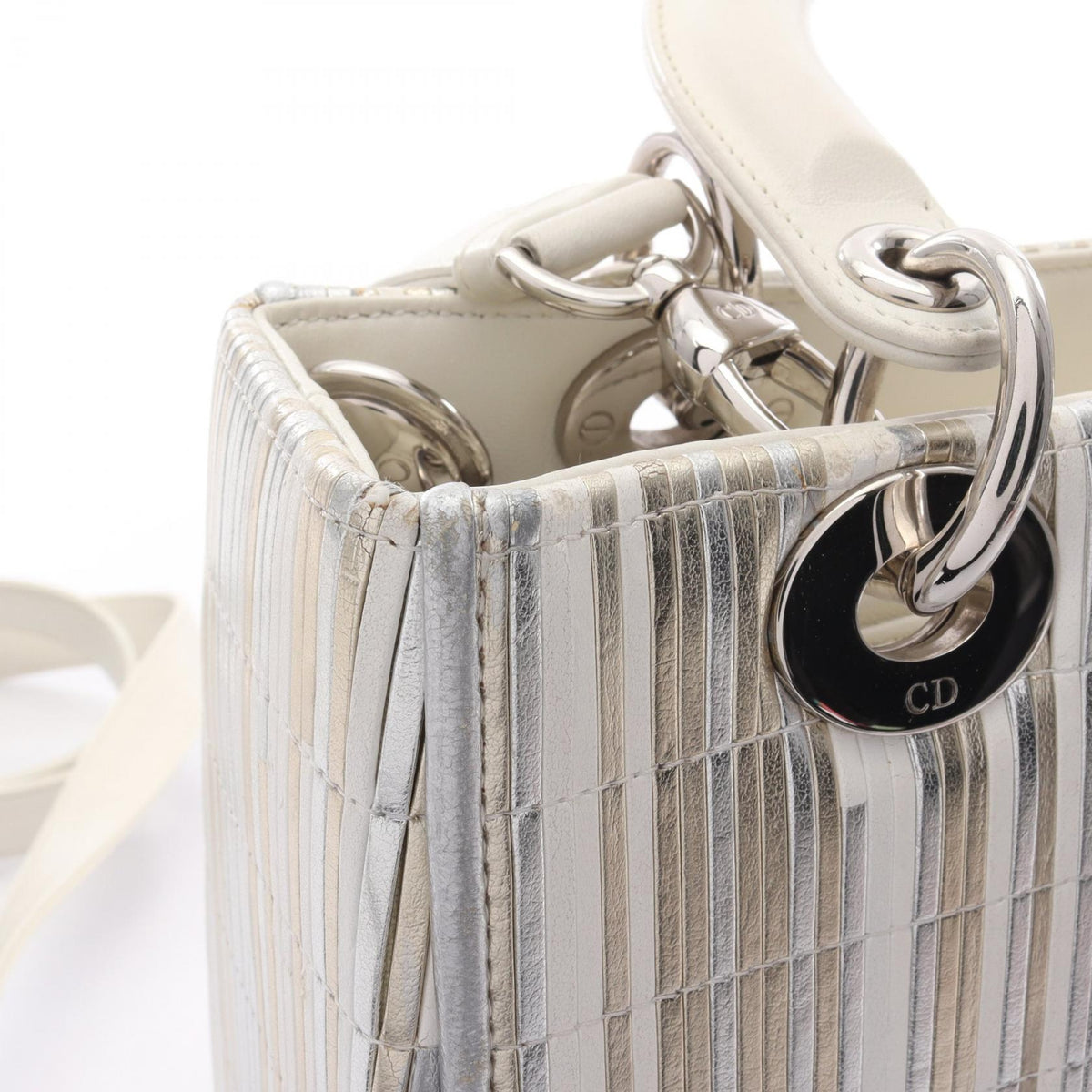 DIOR Dior Lady Dior Shoulder Handbag Leather Silver White Multicolor Used Women Shw image 11