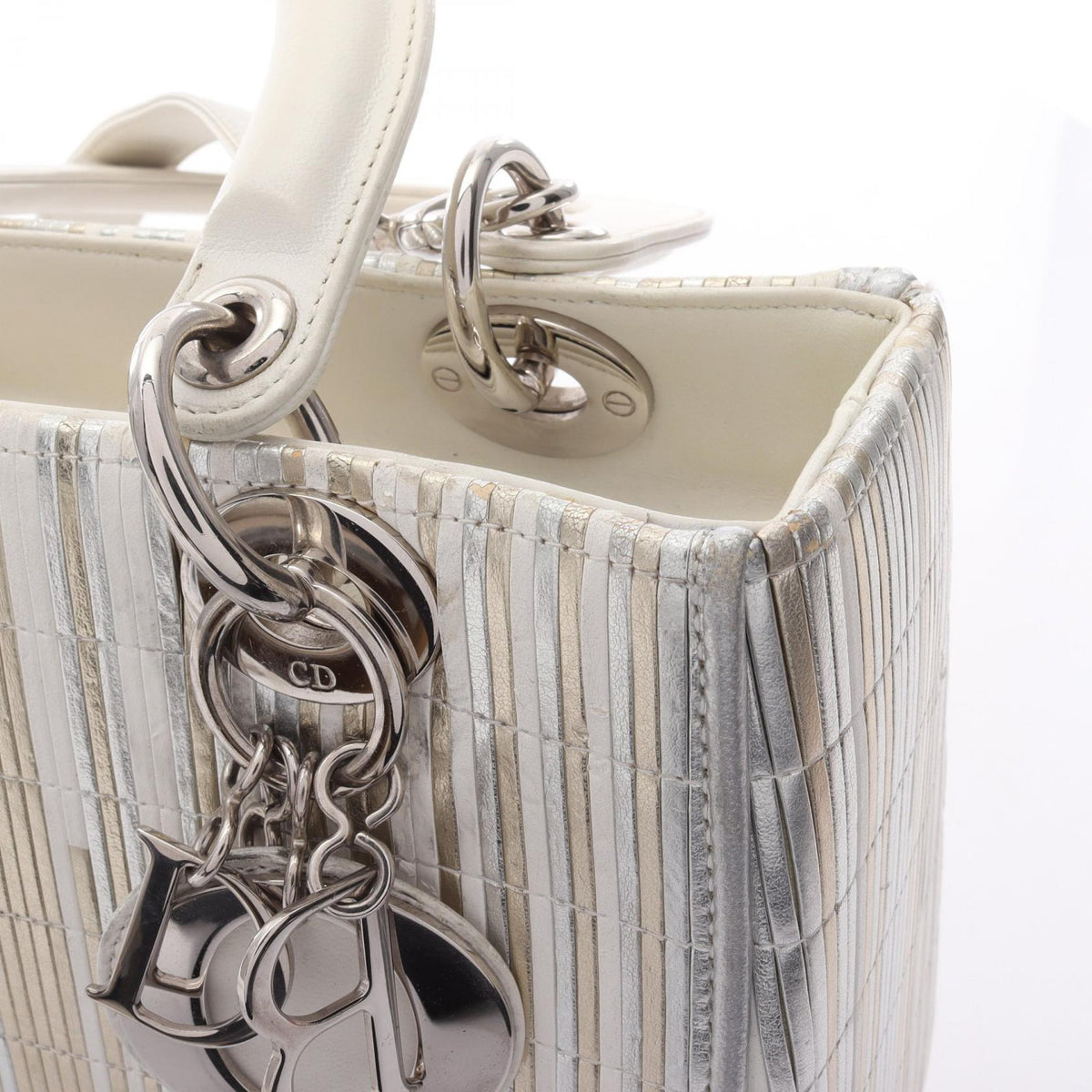DIOR Dior Lady Dior Shoulder Handbag Leather Silver White Multicolor Used Women Shw image 12